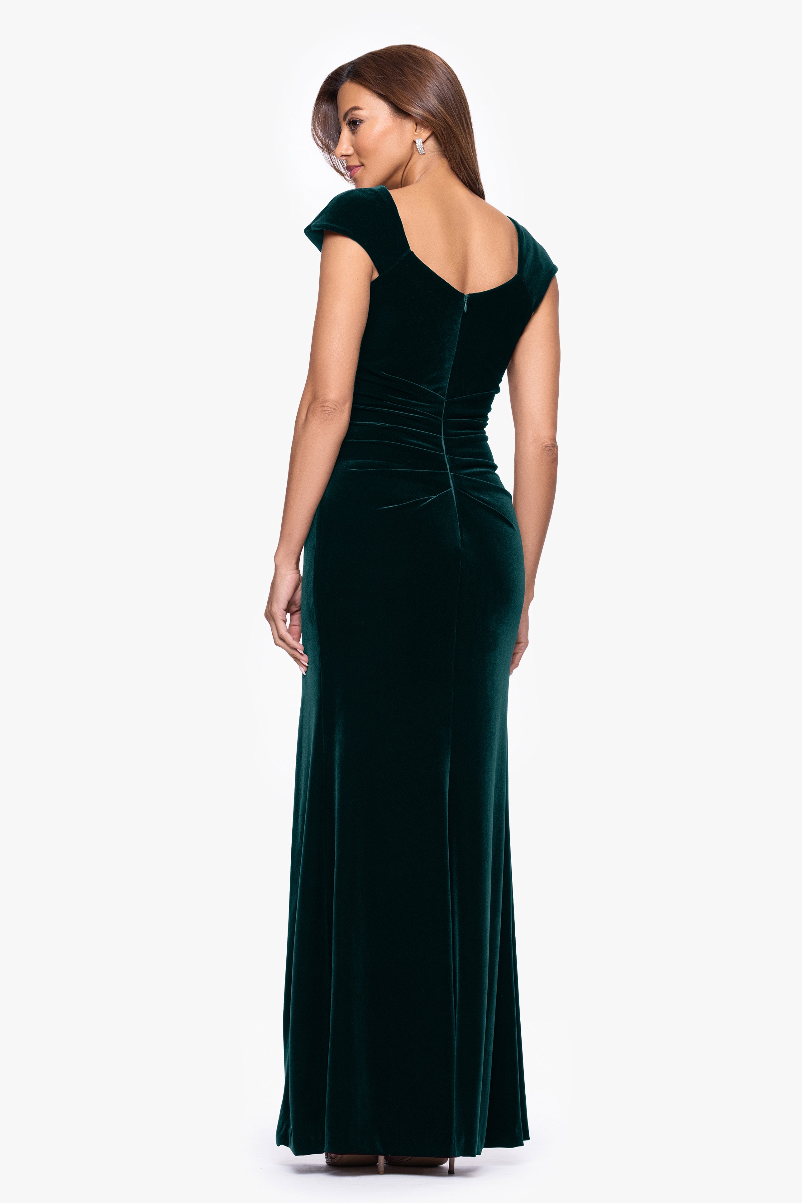 Xscape Evenings "Katrina" Velvet Asymmetrical Neckline Cap Sleeve Floor Length Dress