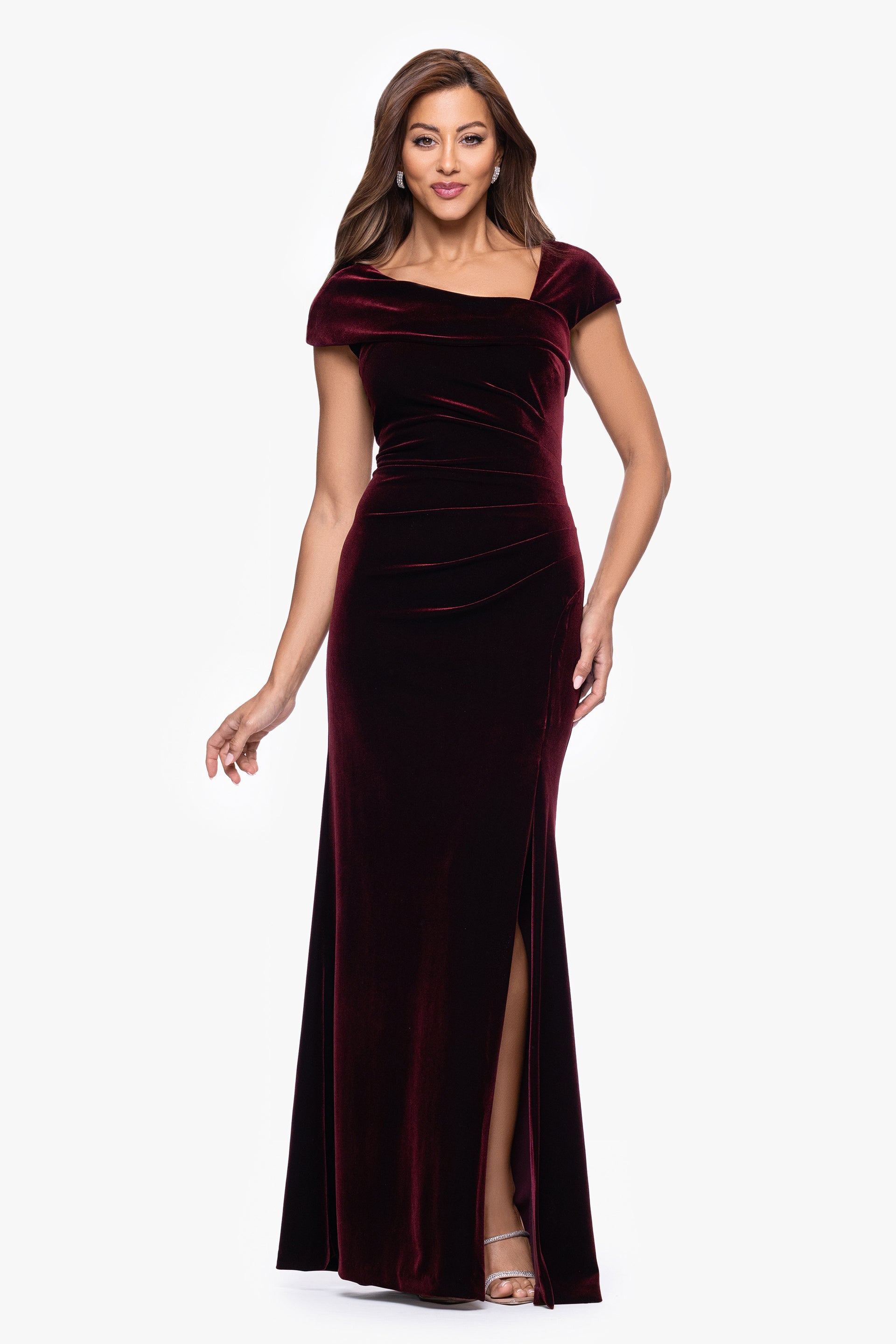 Petite "Katrina" Velvet Asymmetrical Neckline Cap Sleeve Dress