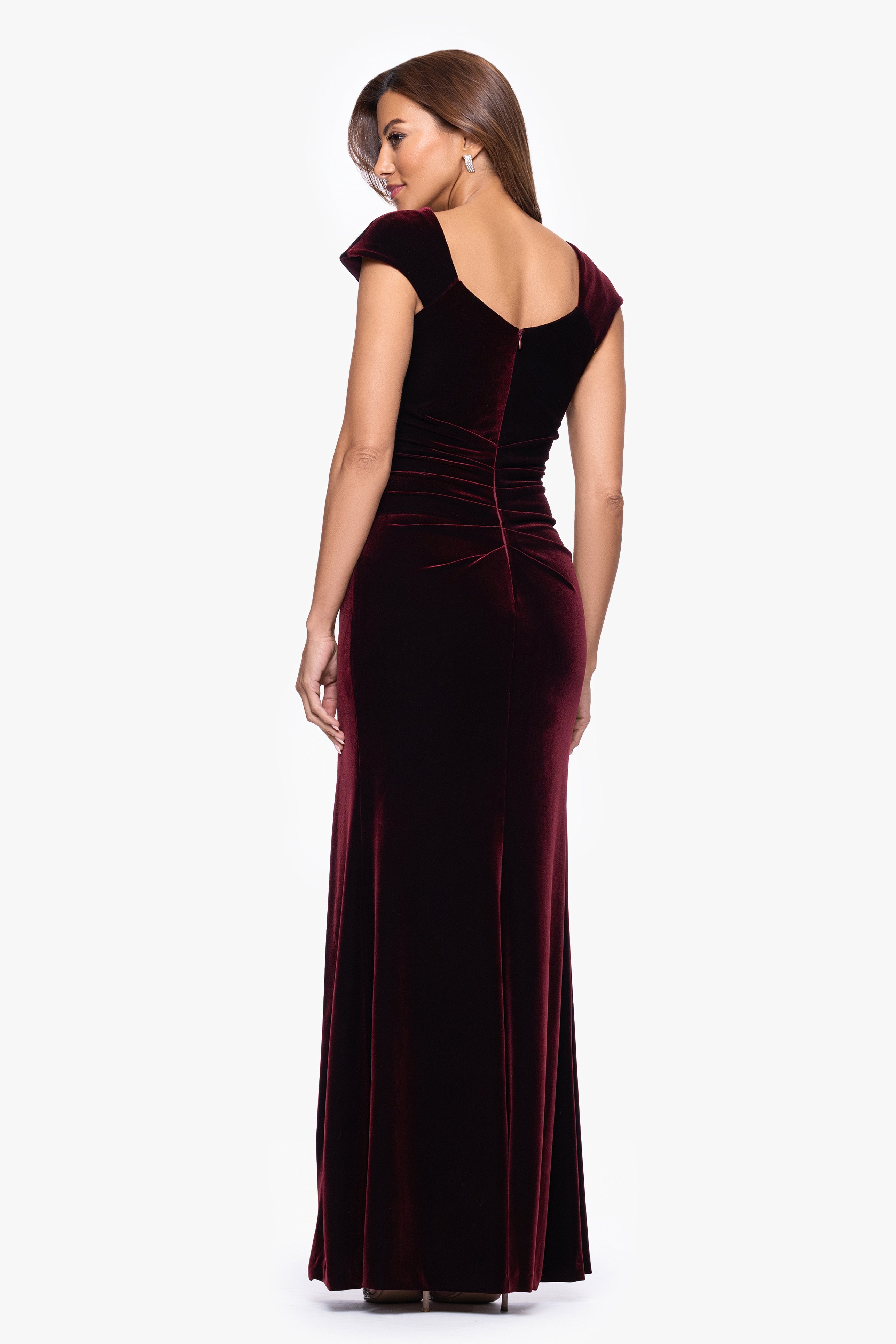 Xscape Evenings "Katrina" Velvet Asymmetrical Neckline Cap Sleeve Floor Length Dress