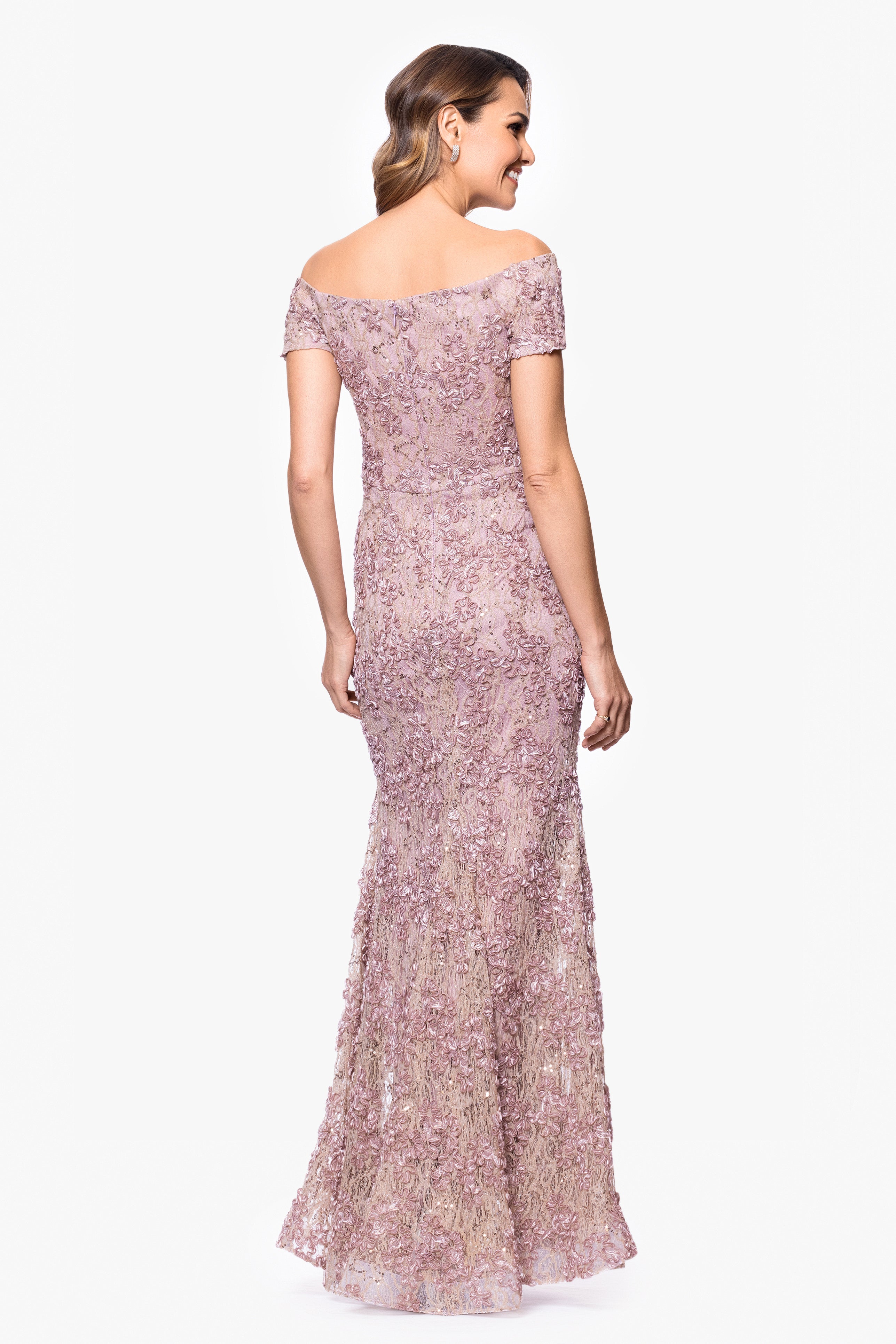 Xscape Evenings Petite "Beatrice" Soutache Lace Off the Shoulder Floor Length Dress