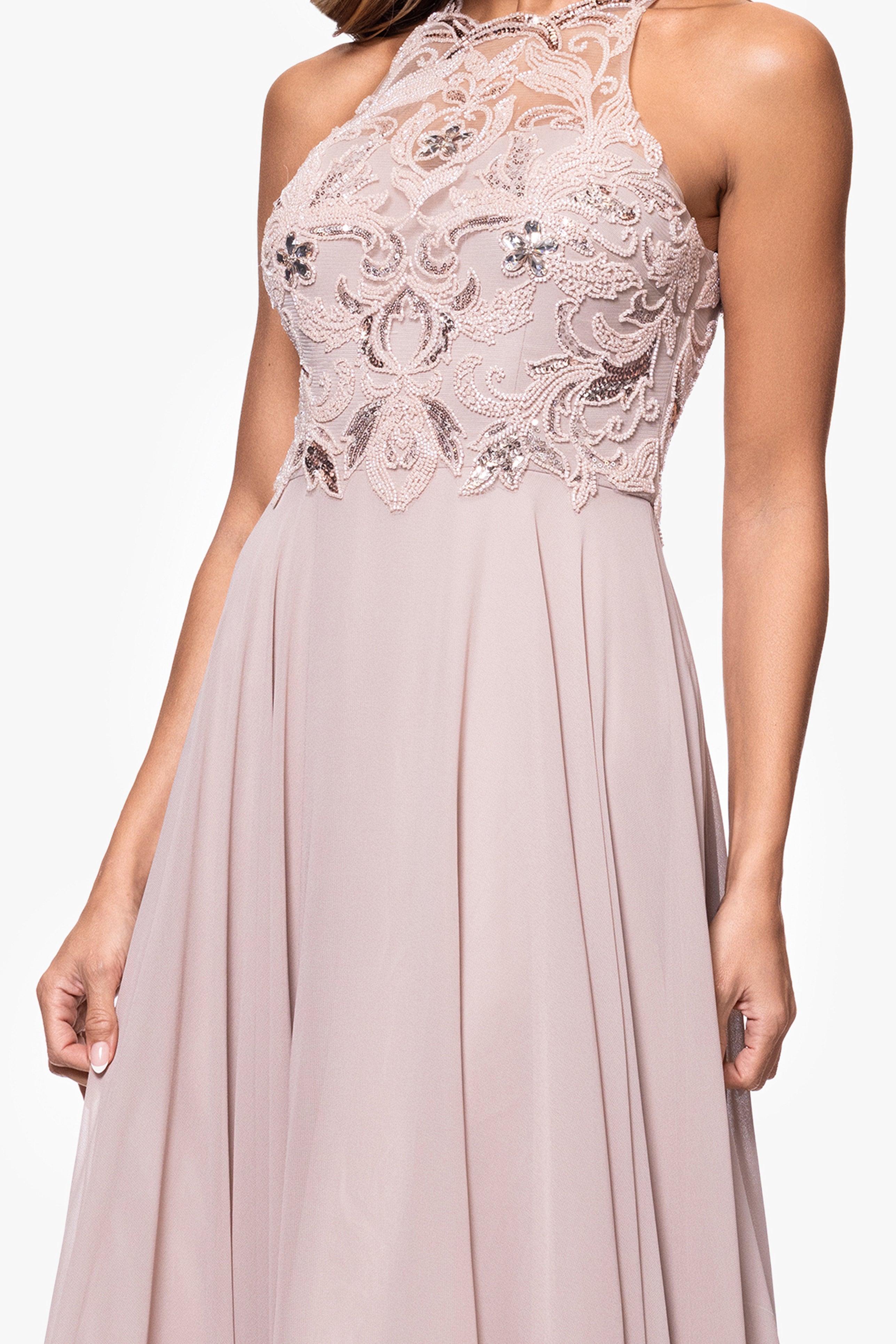 Xscape Petite Beaded Sleeveless High-Neck Gown - Taupe
