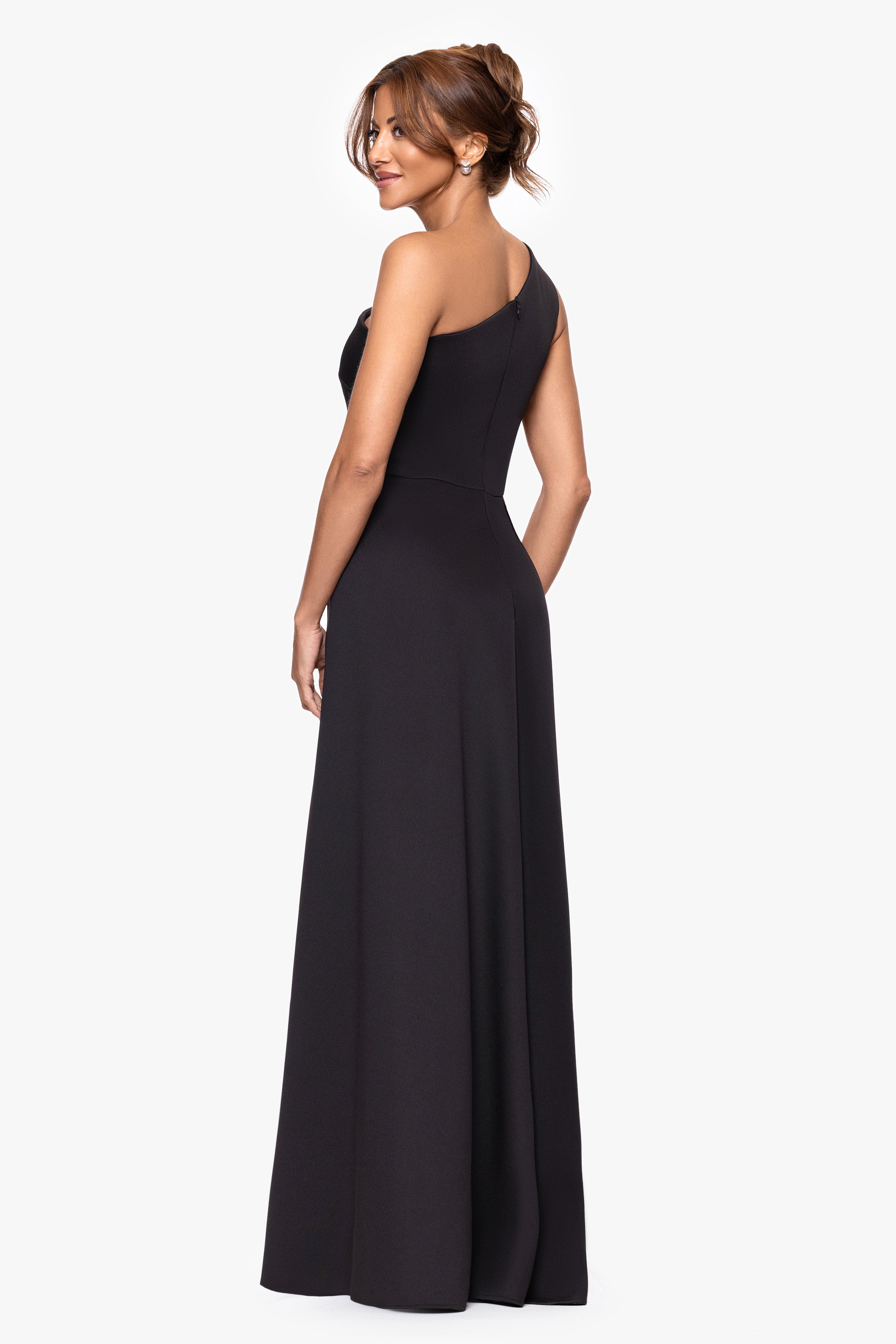 Xscape Evenings Petite "Jalen" Techno Scuba One Shoulder Back Drape Floor Length Dress
