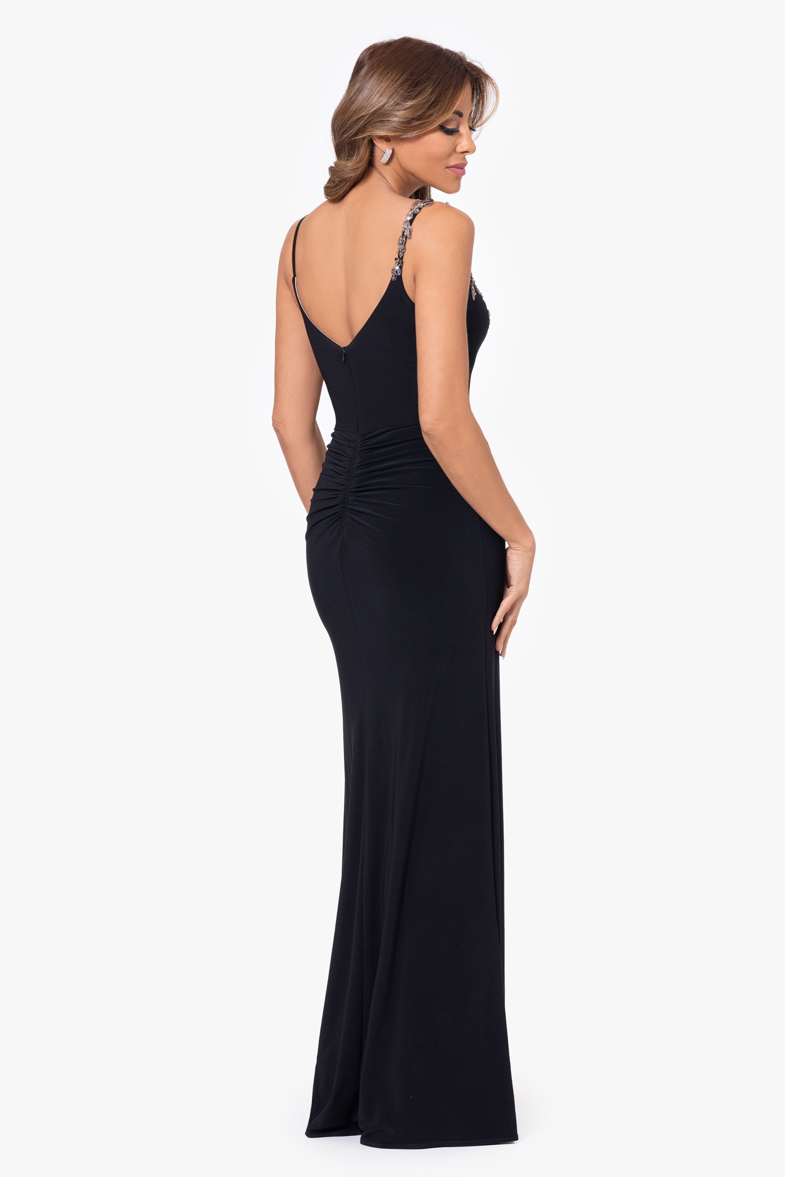 Xscape Evenings Petite "Rina" Jersey Knit Spaghetti Strap Applique Floor Length Dress