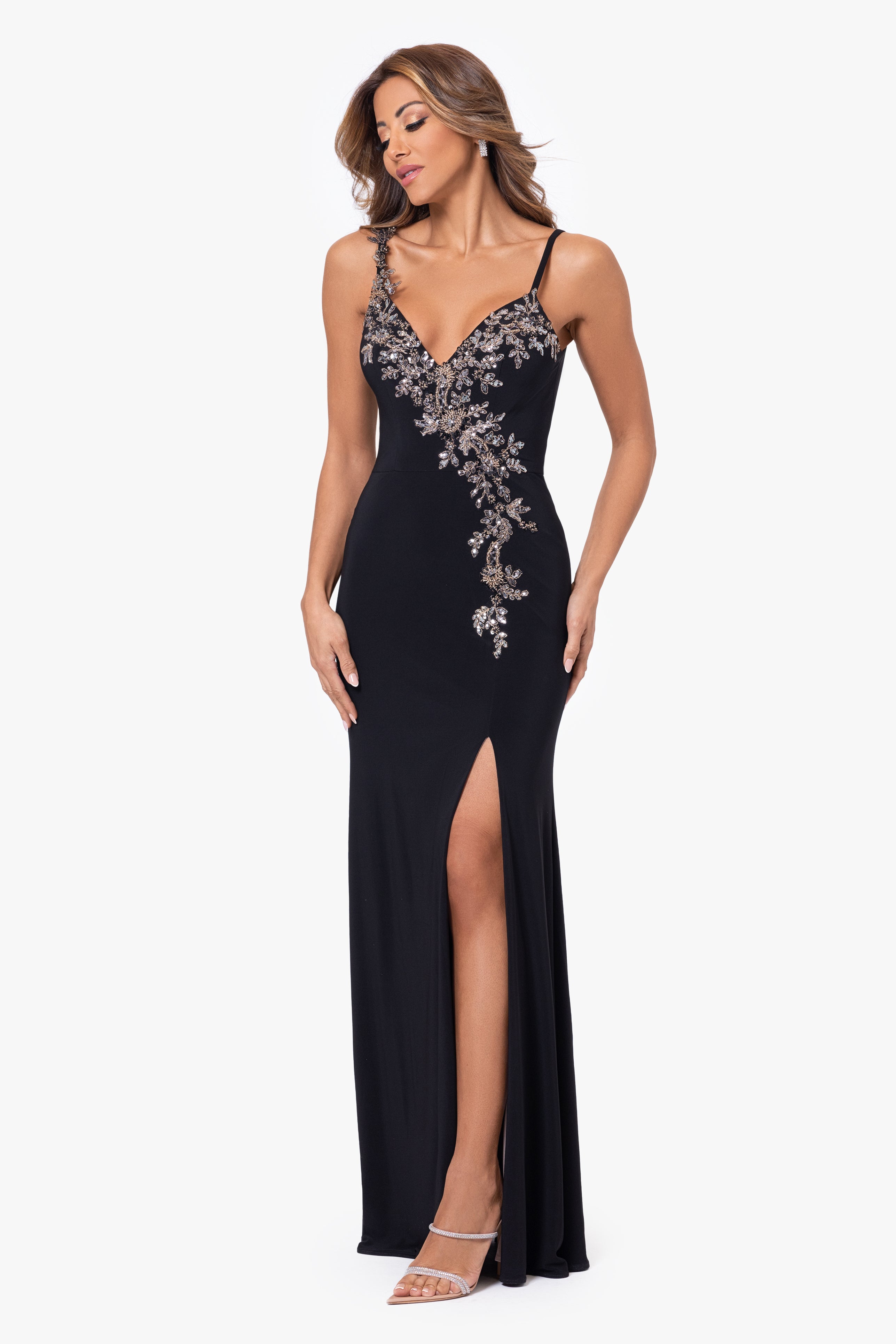 Xscape Evenings Petite "Rina" Jersey Knit Spaghetti Strap Applique Floor Length Dress