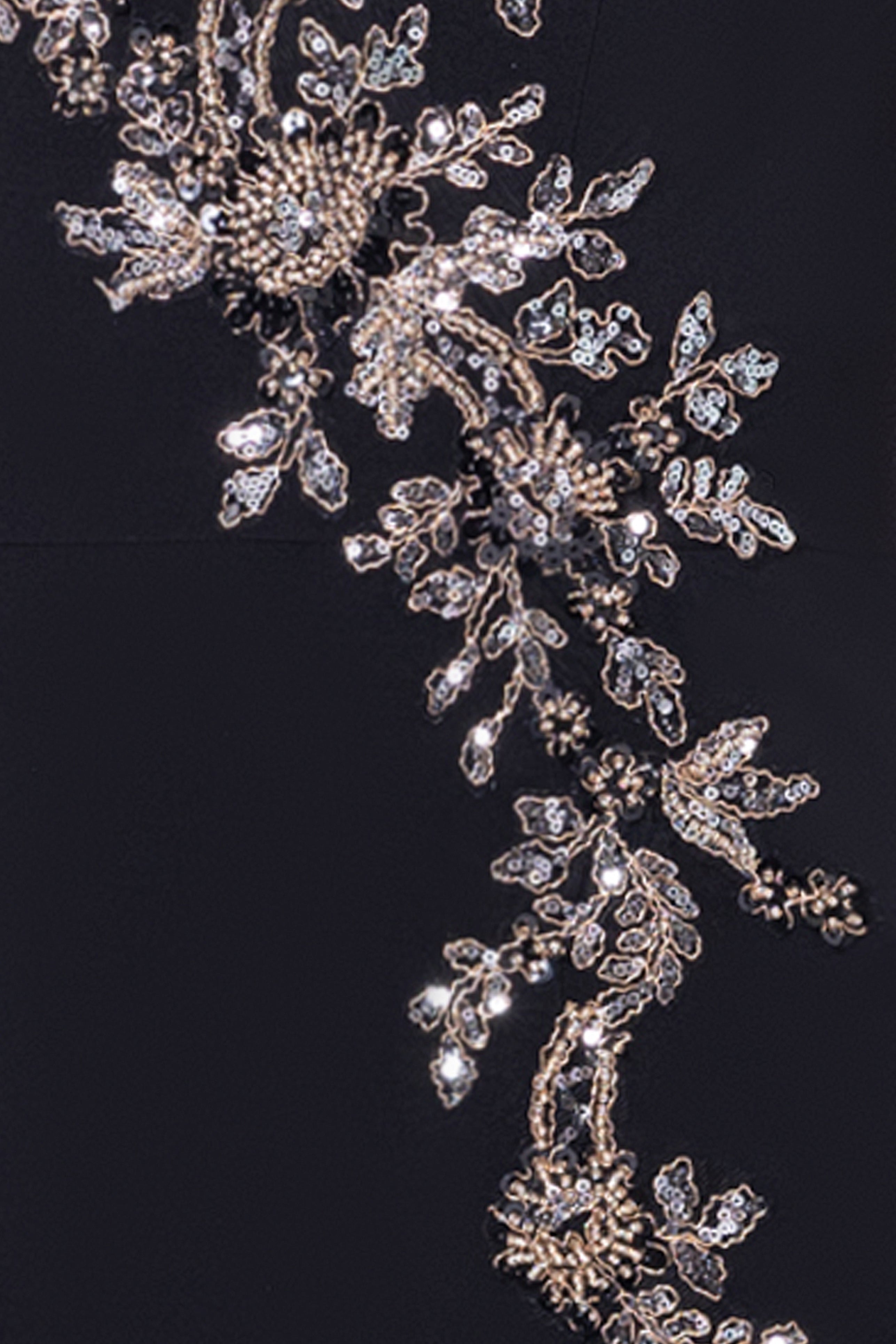 Xscape Evenings Petite "Rina" Jersey Knit Spaghetti Strap Applique Floor Length Dress