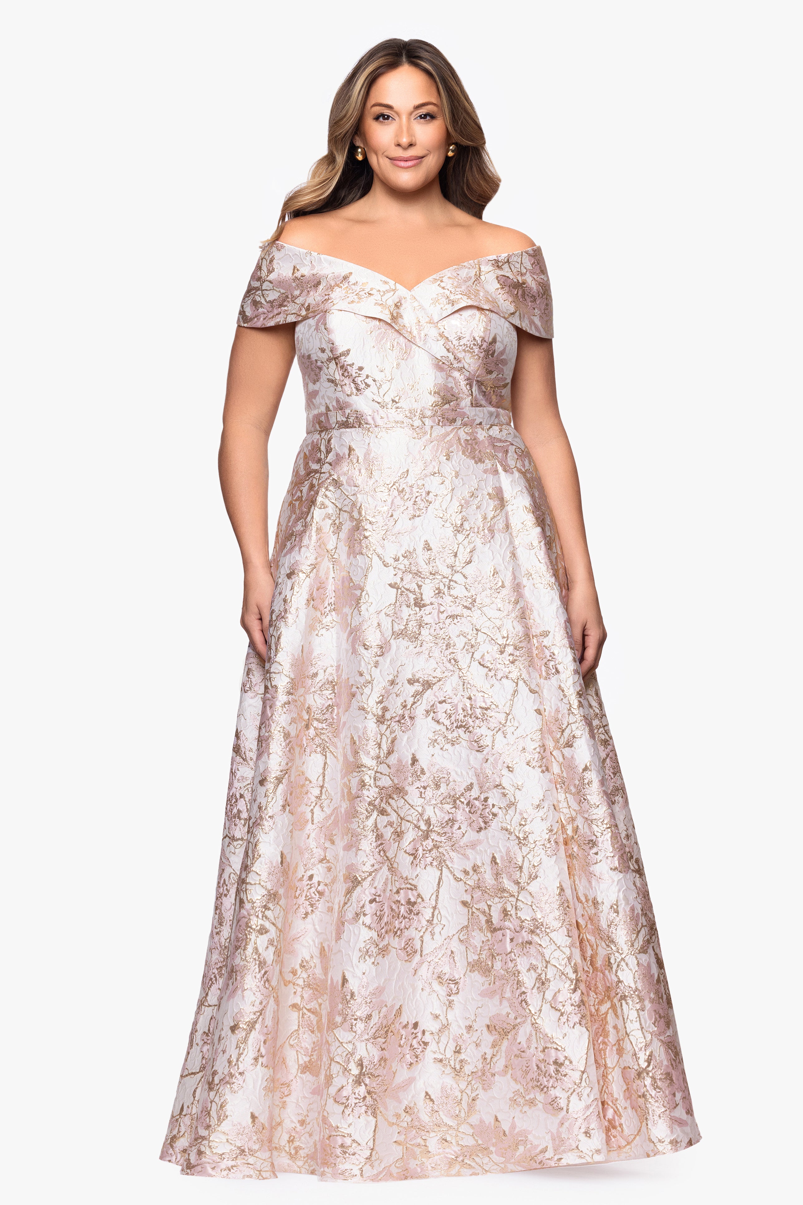 Xscape Evenings Plus "Melissa" Brocade Off the Should V-Neck Ballgown