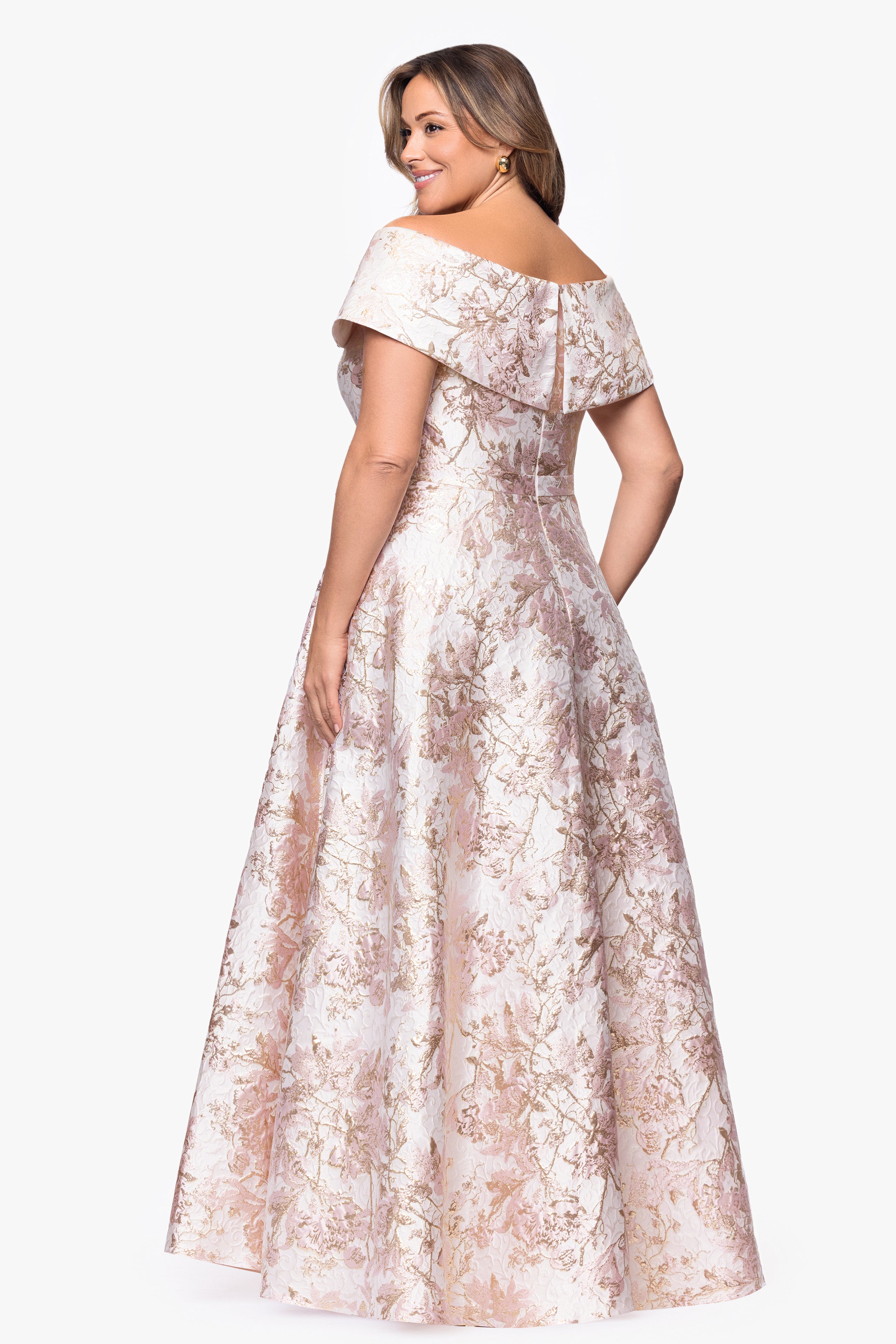 Xscape Evenings Plus "Melissa" Brocade Off the Should V-Neck Ballgown