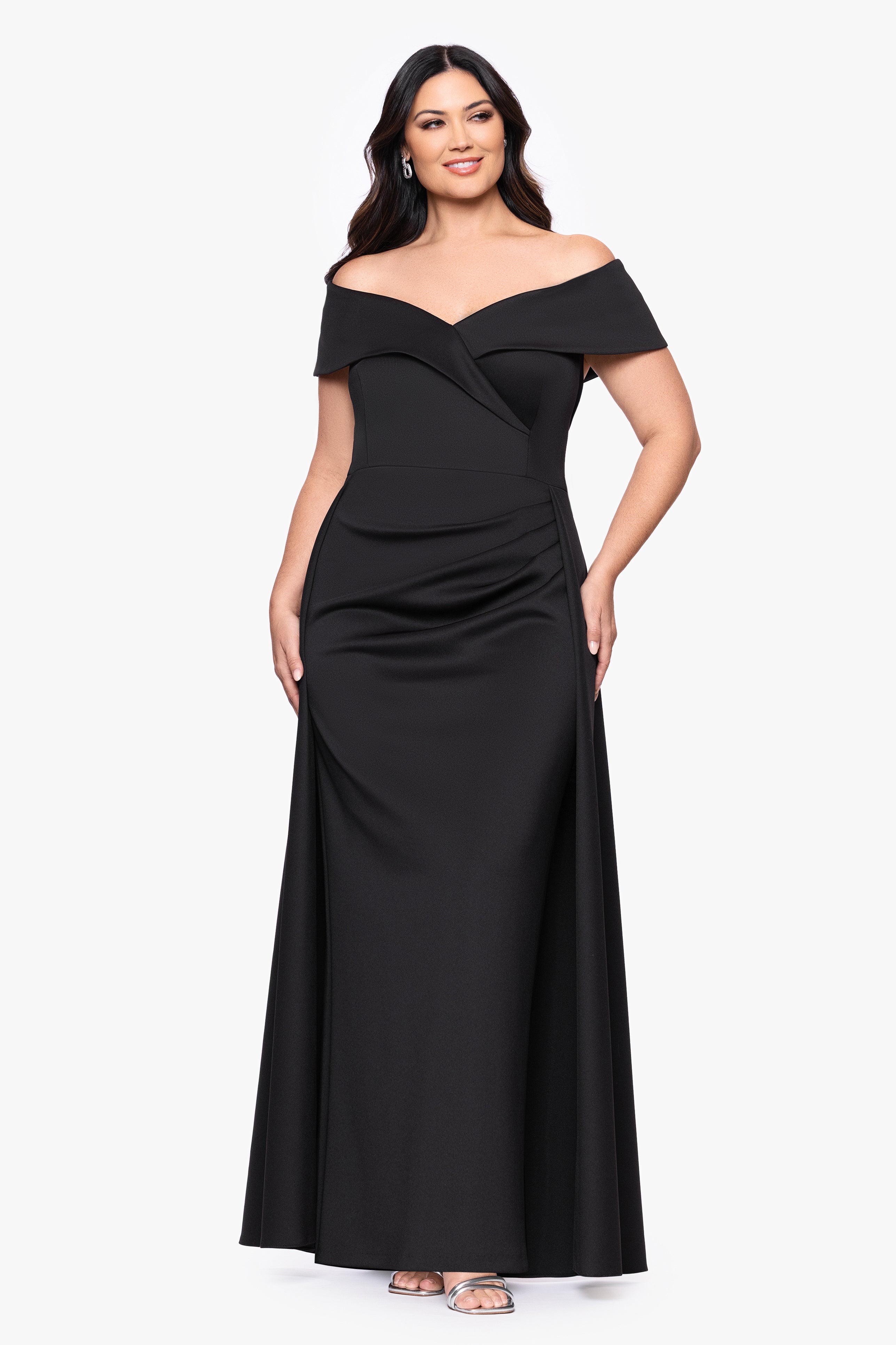 Xscape Evenings Plus "Roseanne" Scuba Off Shoulder Overlay Skirt Floor Length Dress