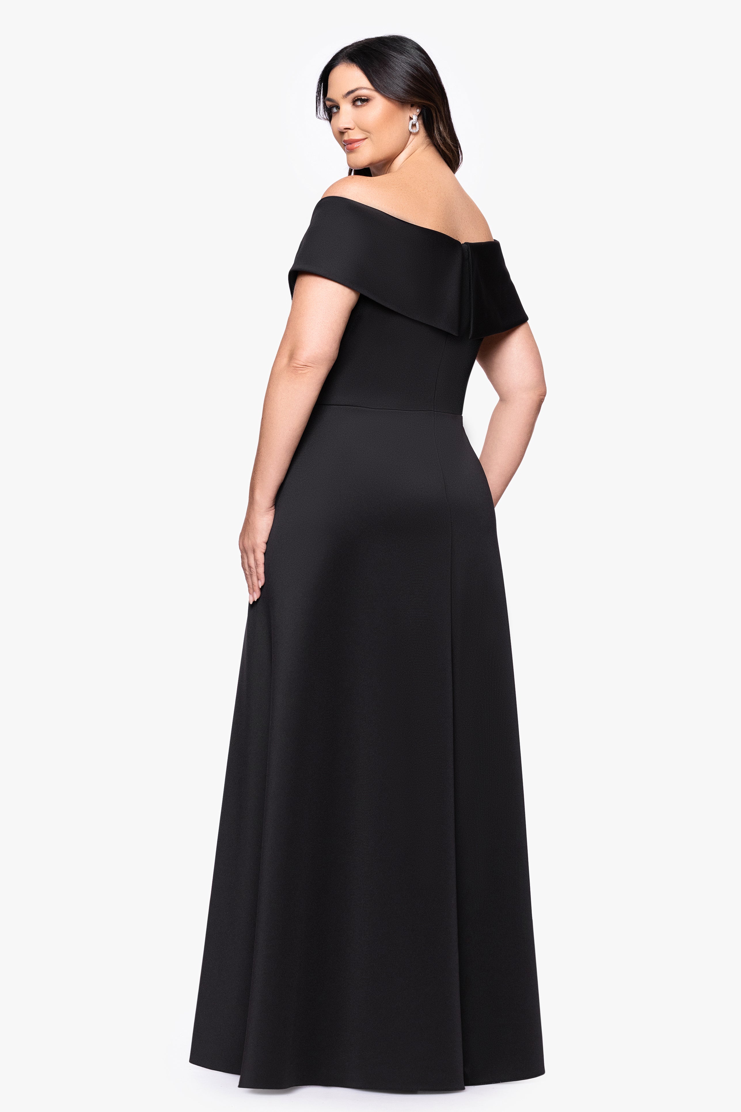 Xscape Evenings Plus "Roseanne" Scuba Off Shoulder Overlay Skirt Floor Length Dress