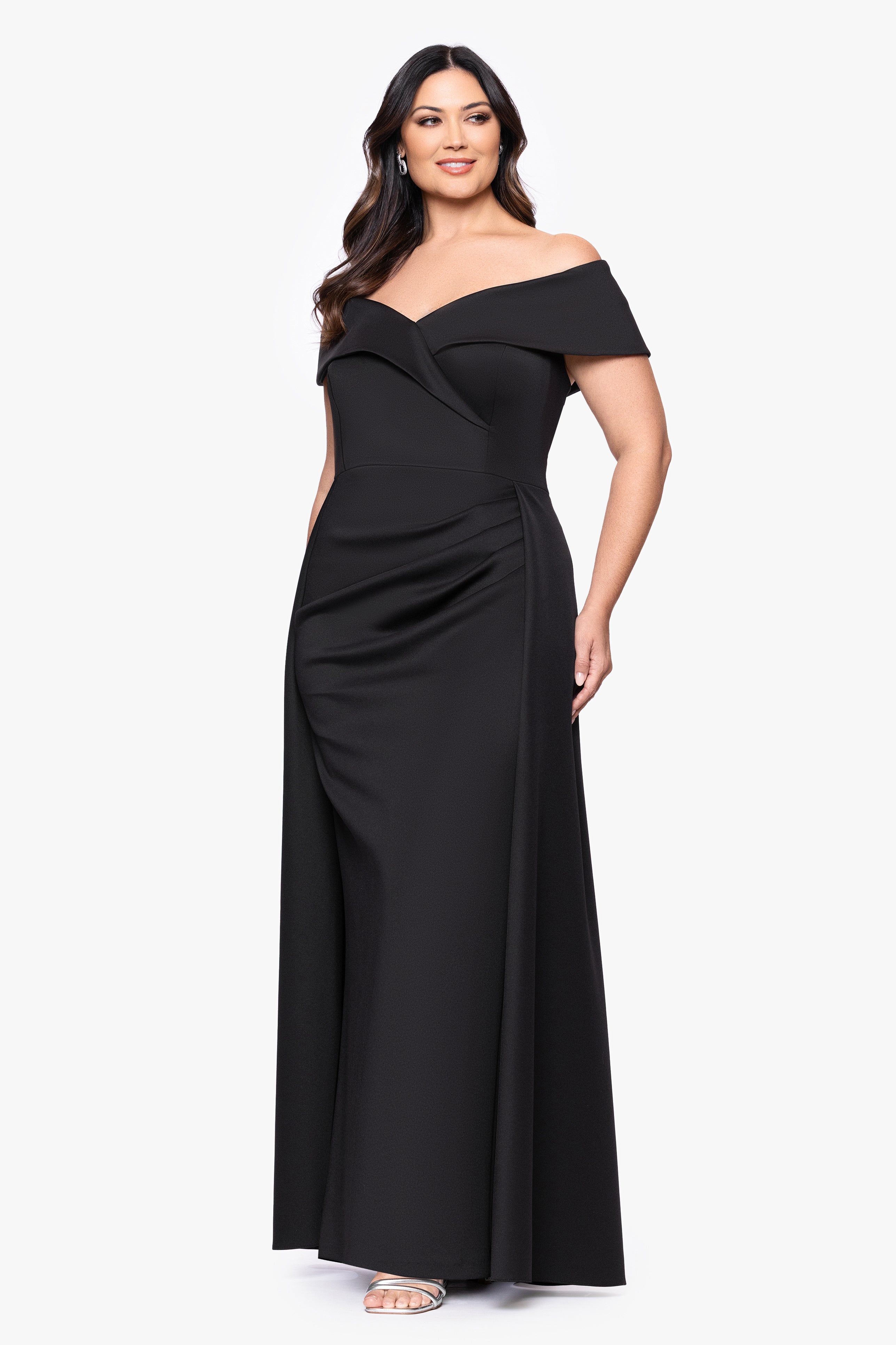 Xscape Evenings Plus "Roseanne" Scuba Off Shoulder Overlay Skirt Floor Length Dress