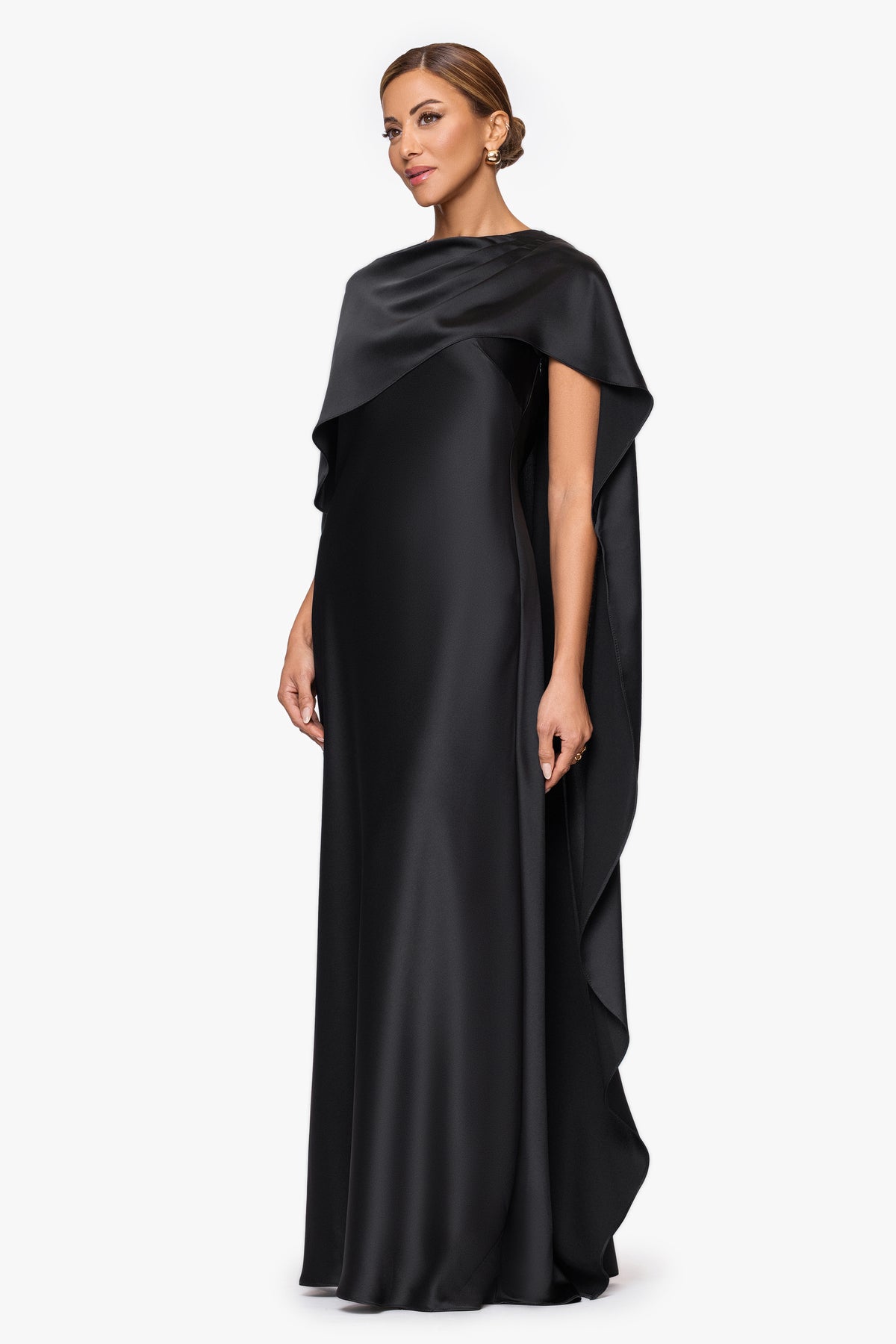 Petite "Tallulah" Satin Overlay Cape Dress