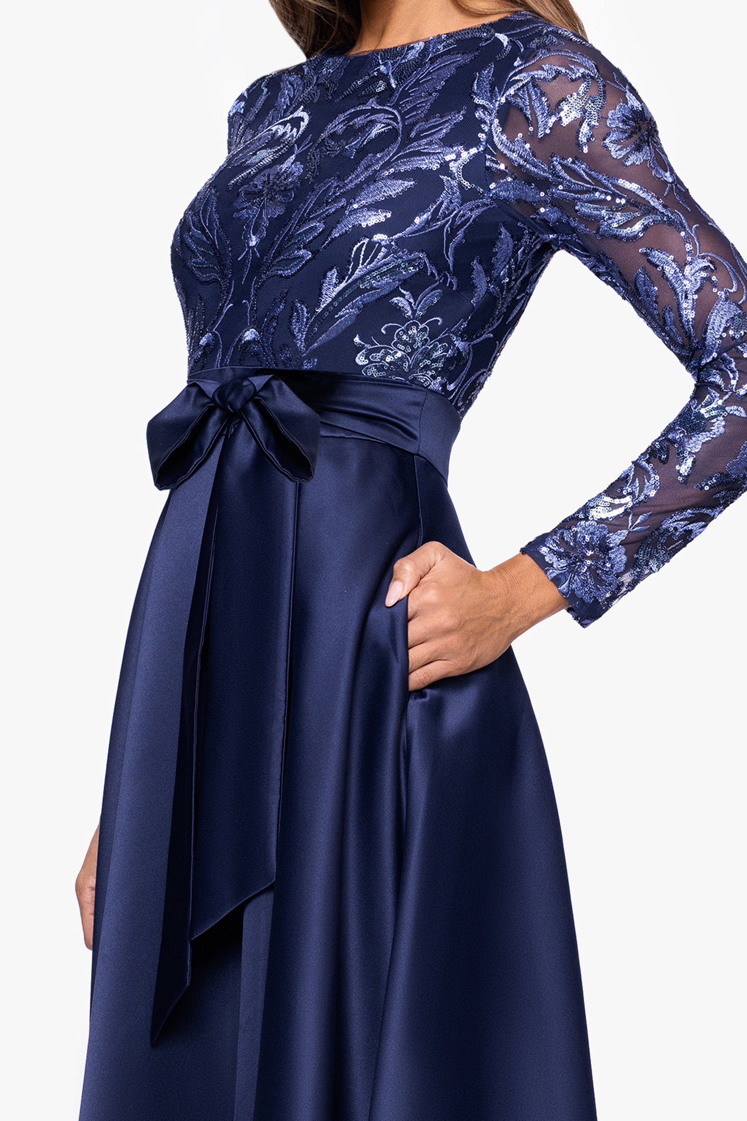 Xscape Evenings "Victoria" Sequin and Satin Long Sleeve Floor Length Dress