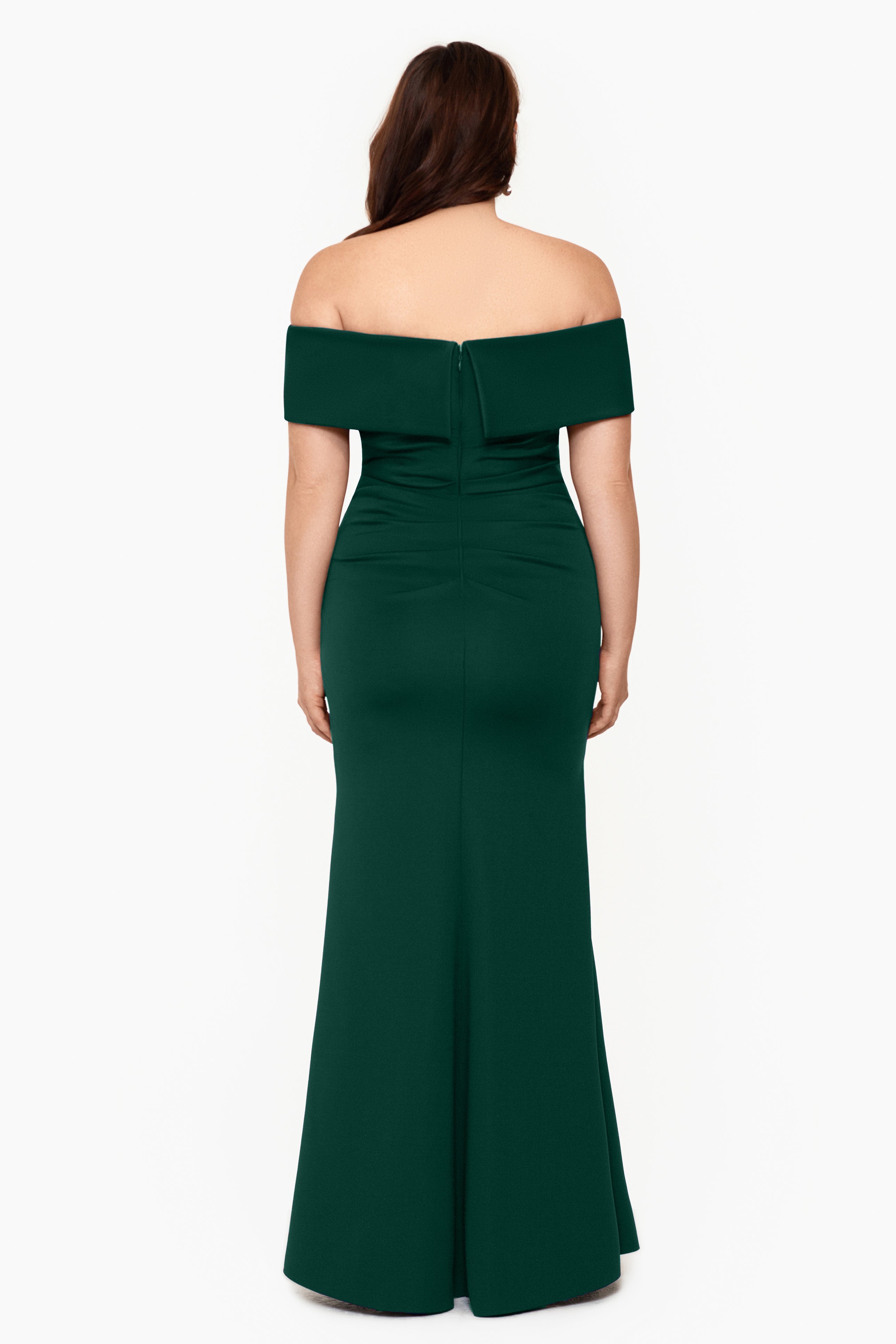 Plus "Hailey" Long Scuba Crepe Off the Shoulder Gown