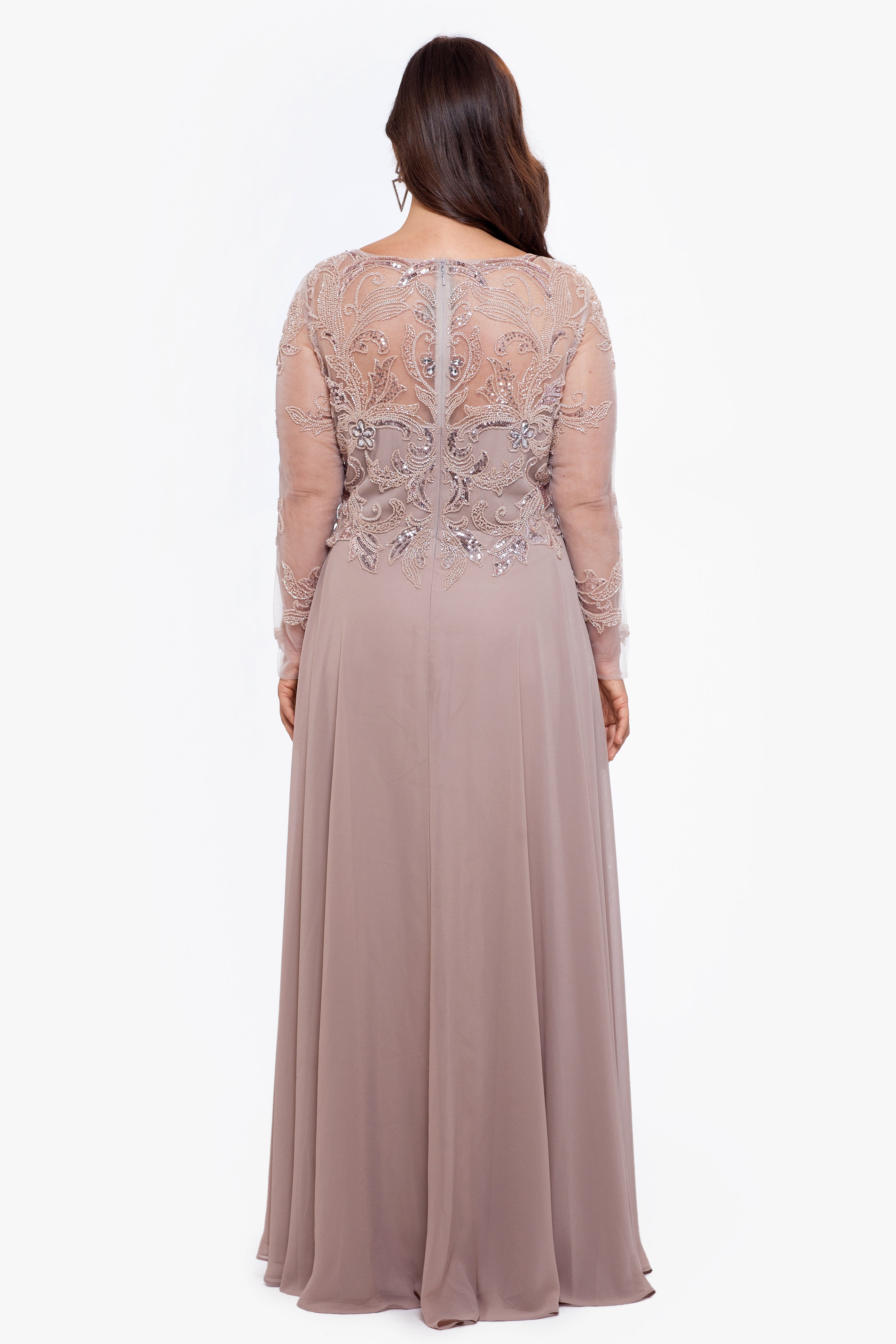 Plus "Mason" Long Sleeve Beaded Chiffon Gown