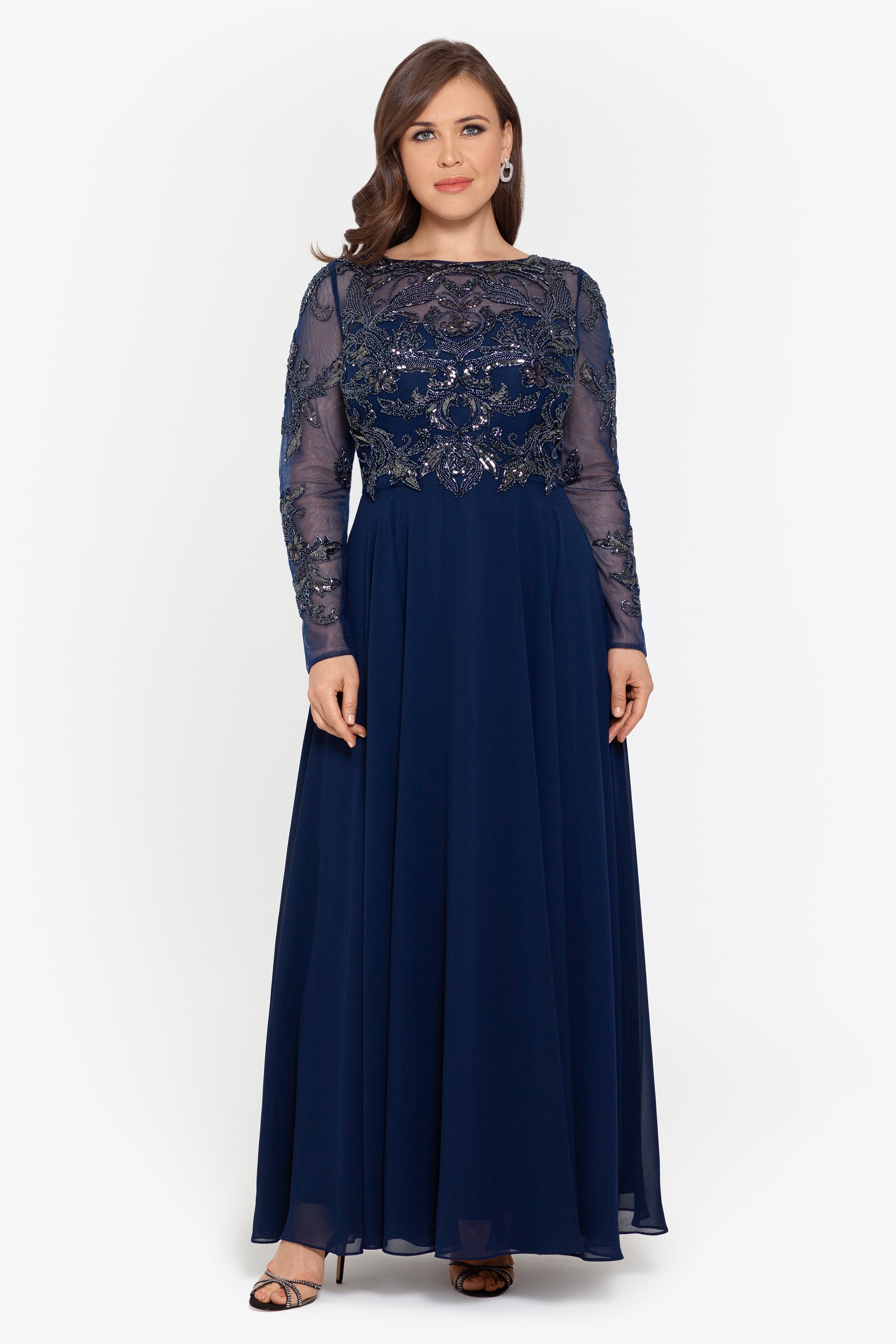 Plus "Mason" Long Sleeve Beaded Chiffon Gown