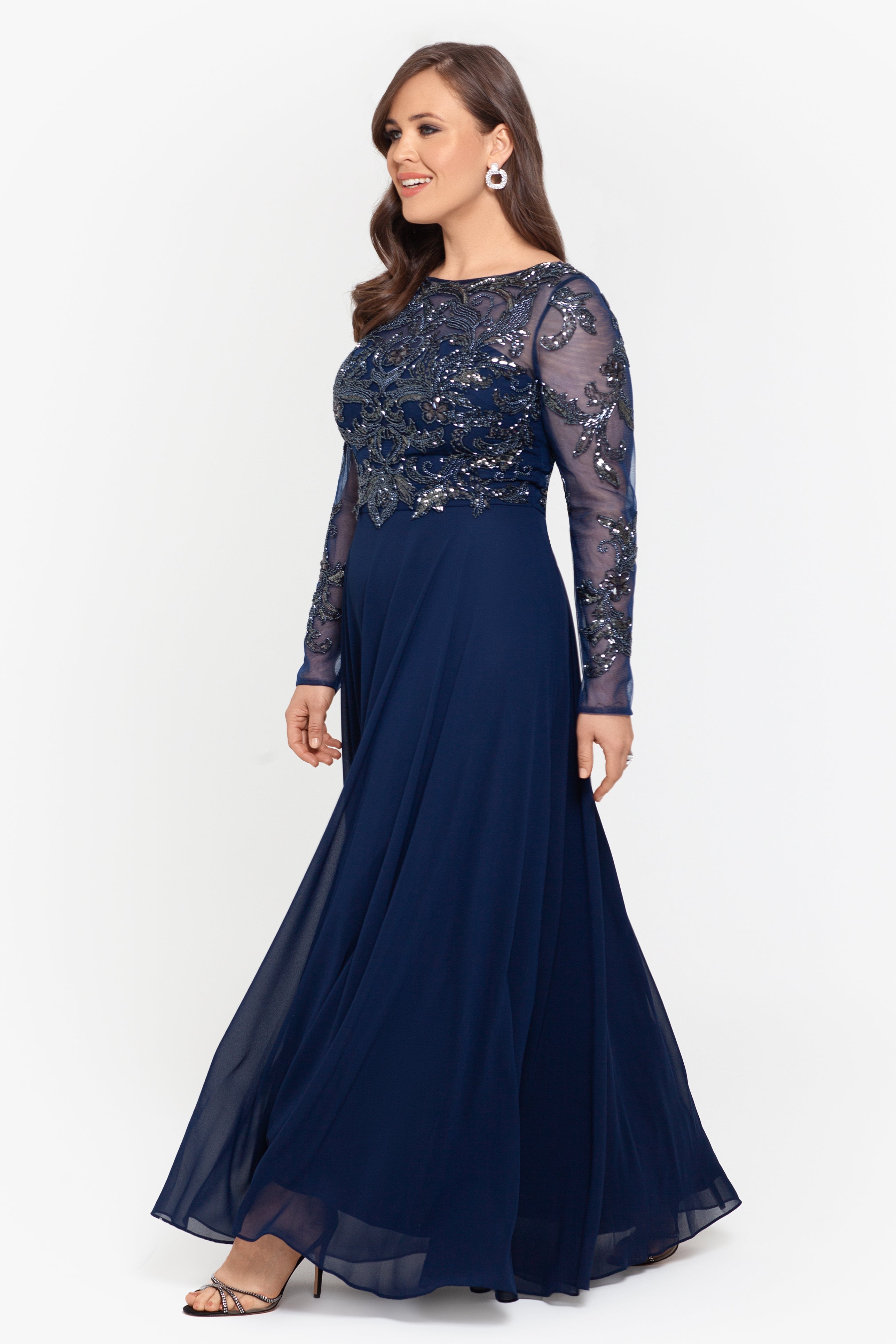 Plus "Mason" Long Sleeve Beaded Chiffon Gown