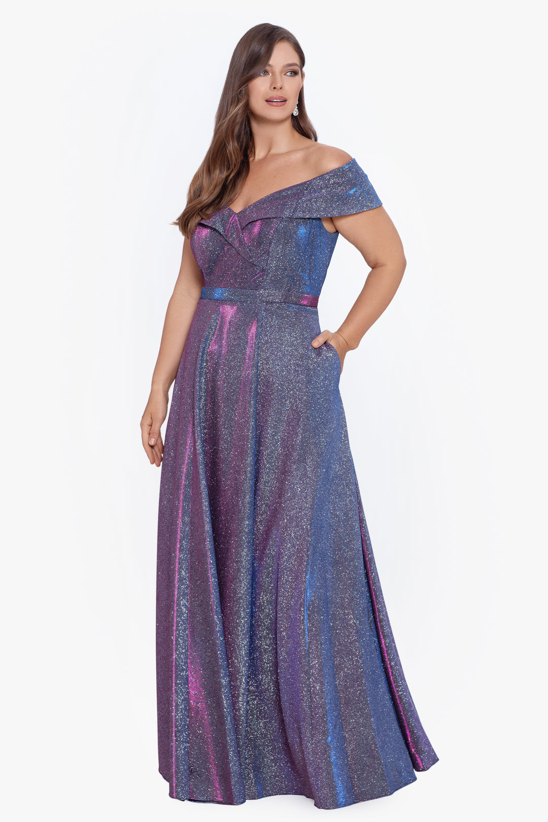 Plus "Willow" Off the Shoulder Glitter Knit Gown