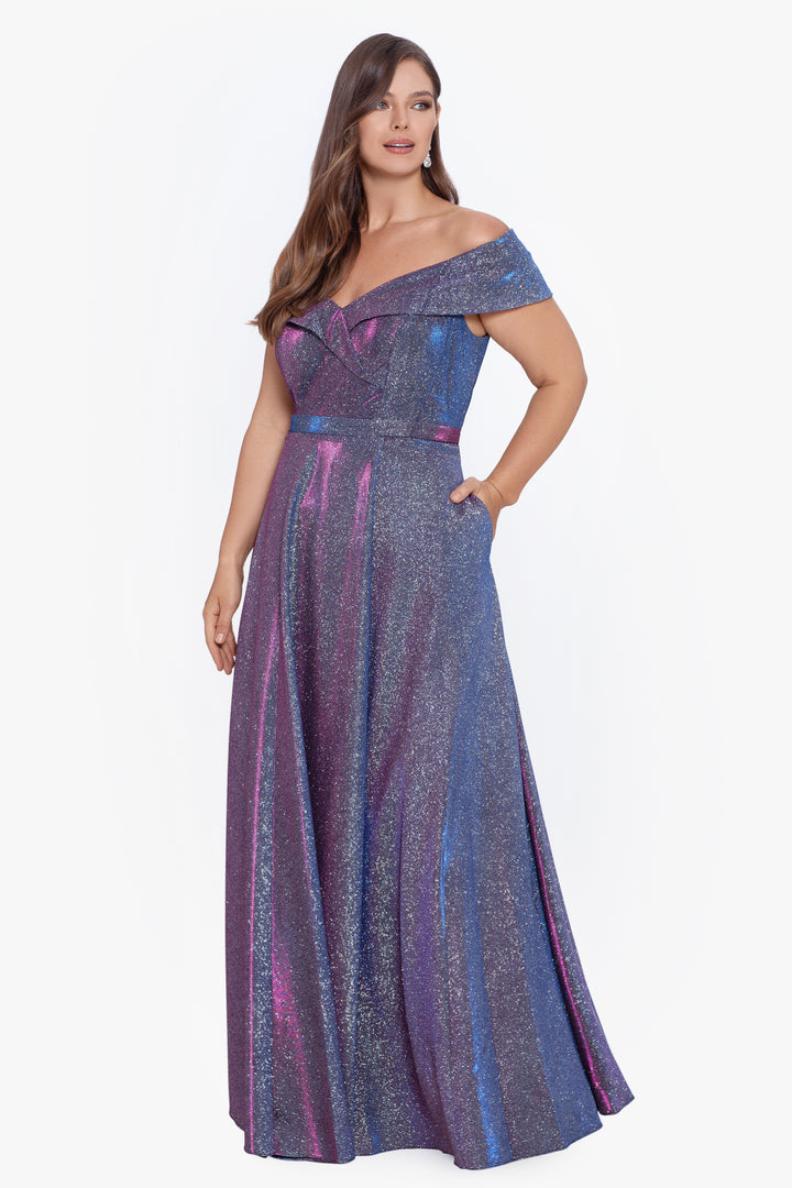 Plus "Willow" Off the Shoulder Glitter Knit Gown