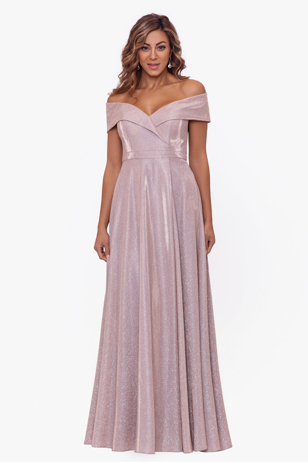 Petite "Willow" Off the Shoulder Glitter Knit Gown