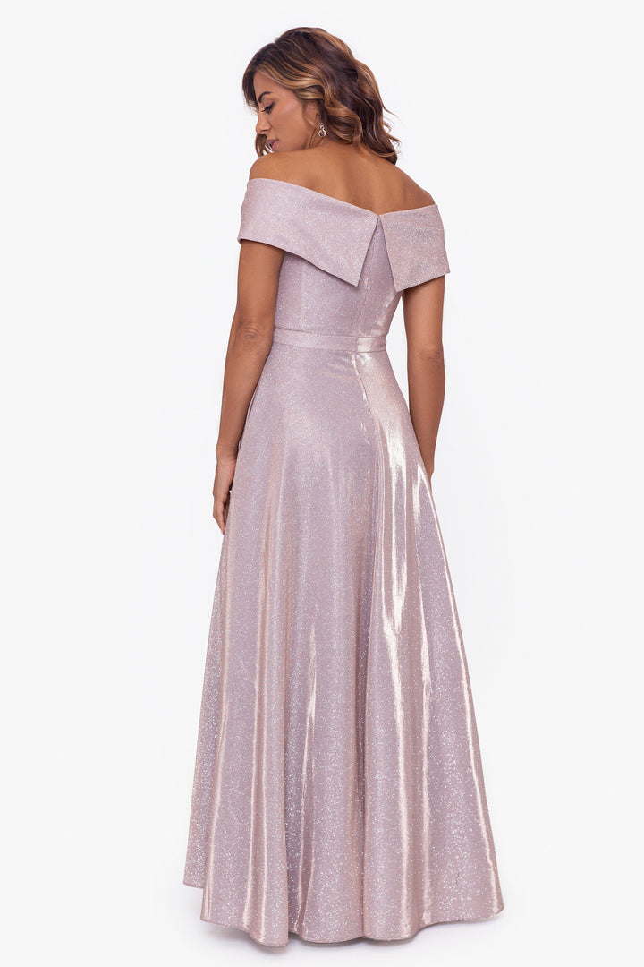 Petite "Willow" Off the Shoulder Glitter Knit Gown