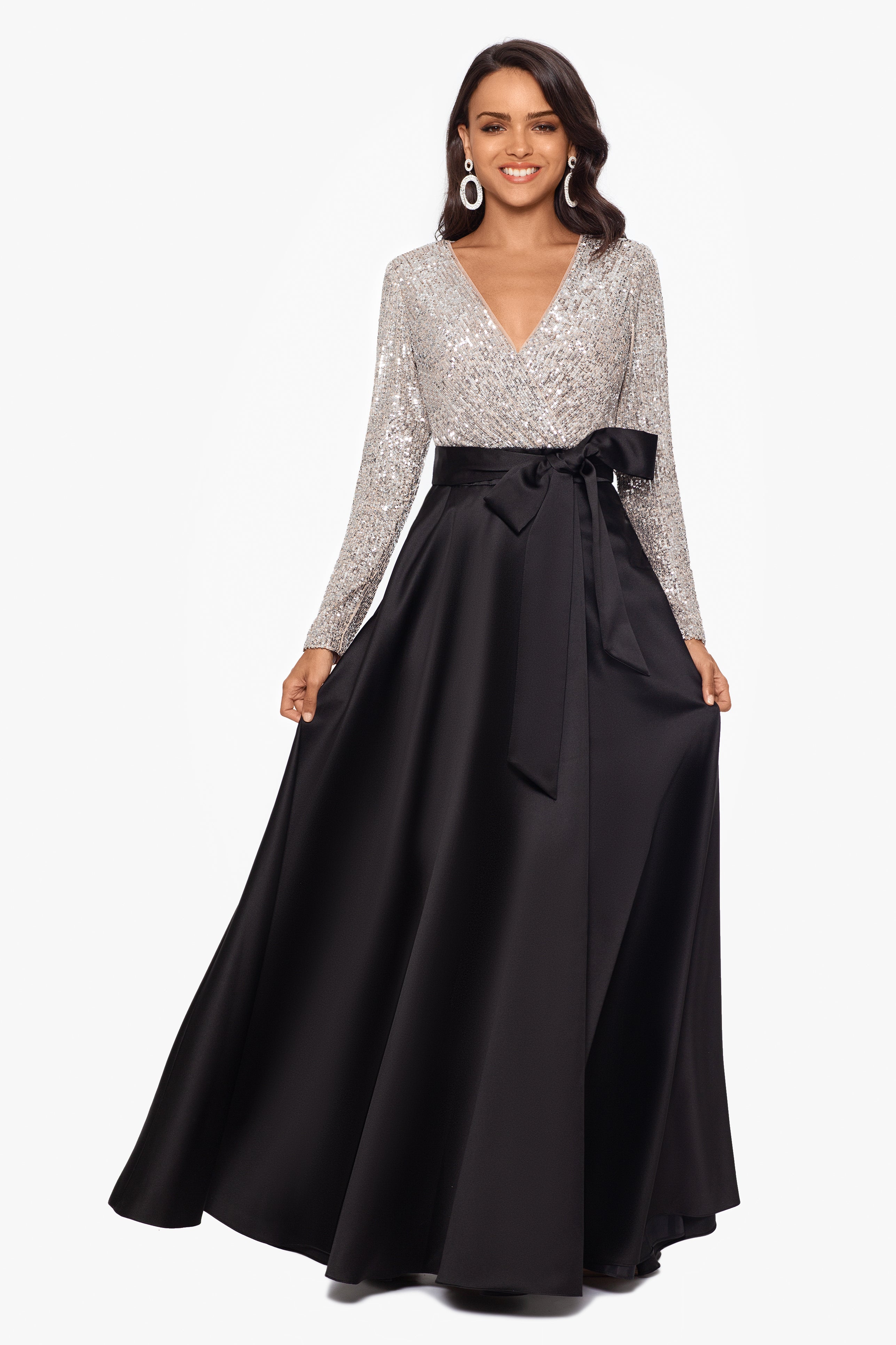 "Dixie" V-Neck Long Sleeve Sequin Top Waistband with Bow Gown