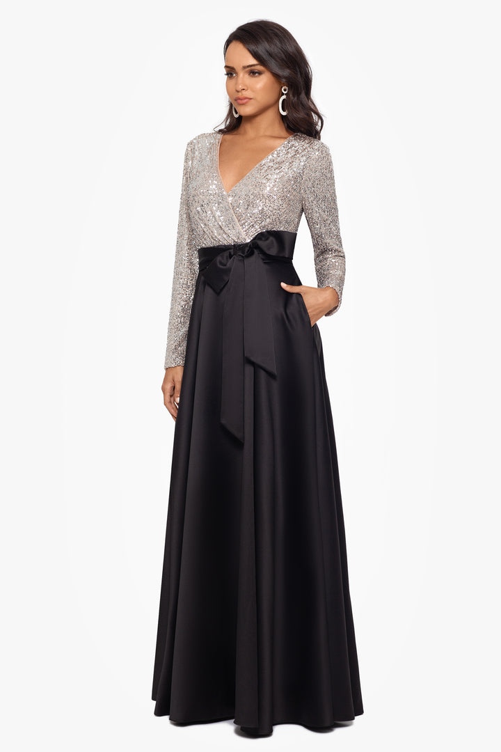 "Dixie" V-Neck Long Sleeve Sequin Top Waistband with Bow Gown