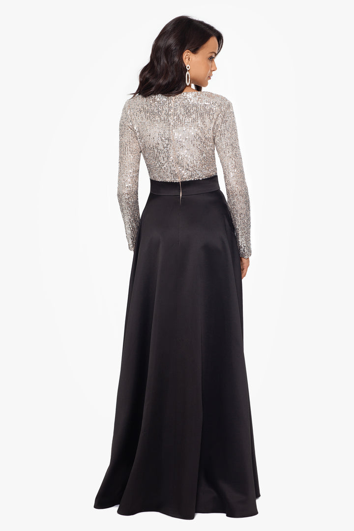 "Dixie" V-Neck Long Sleeve Sequin Top Waistband with Bow Gown