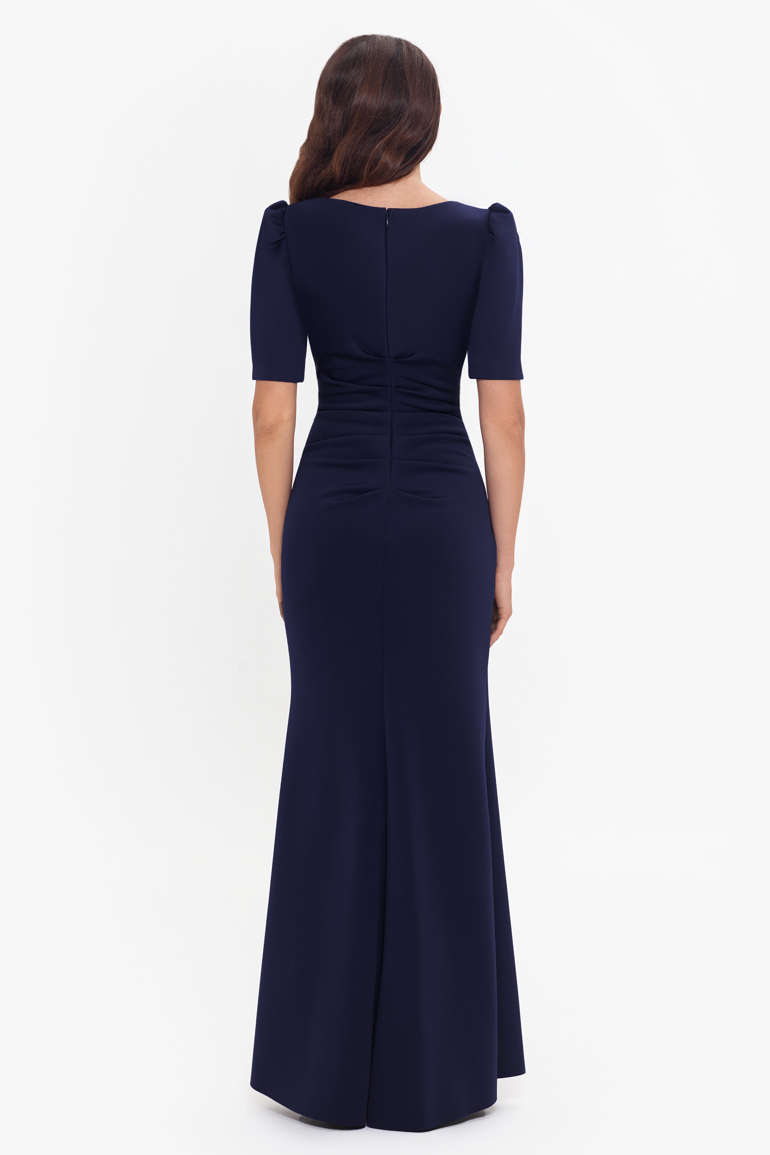 "Demi" 3/4 Sleeve Side Ruched Floor Length Gown