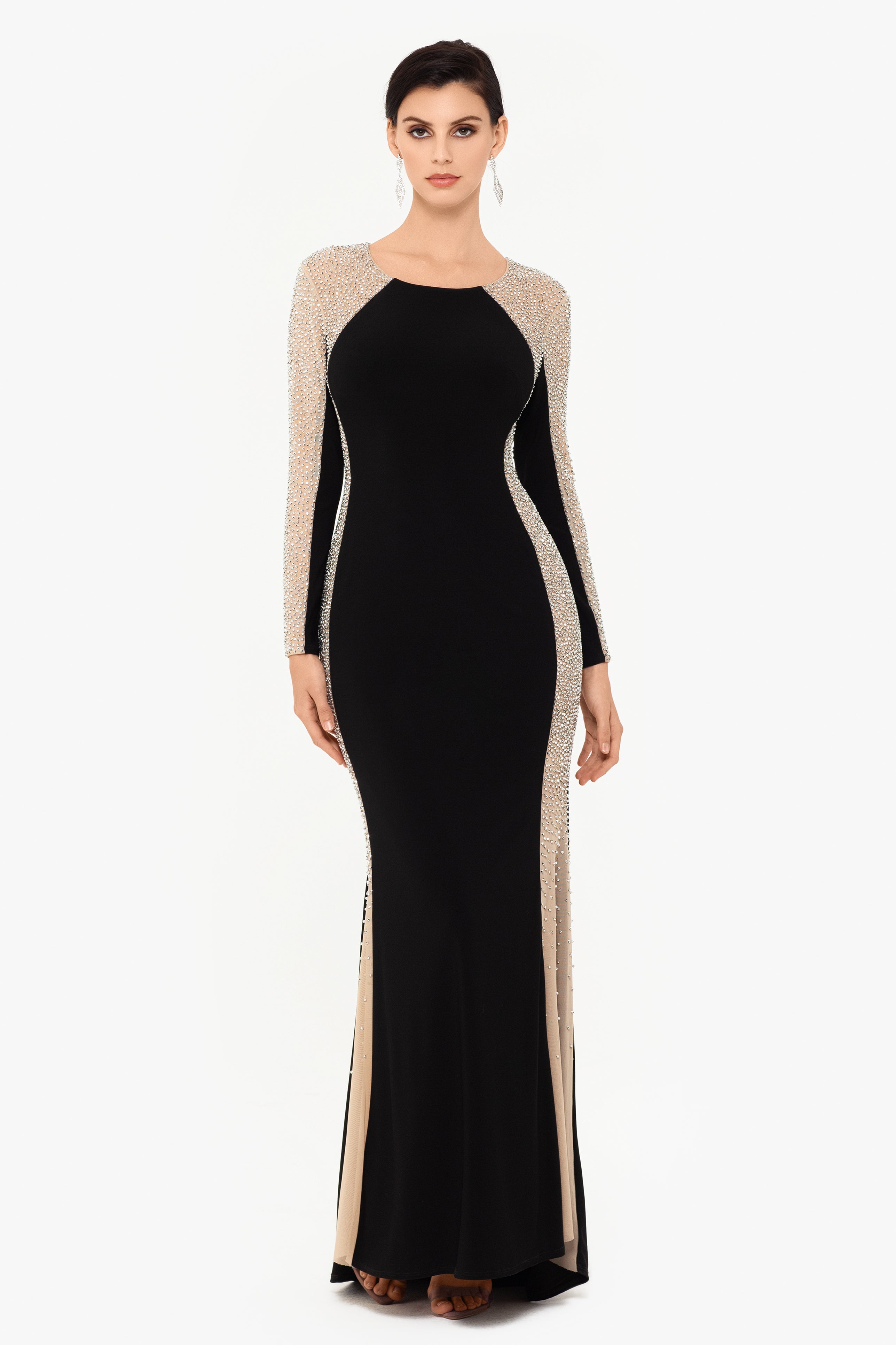 "Sarah" Long Jersey Knit with Caviar Beaded Sides Dress