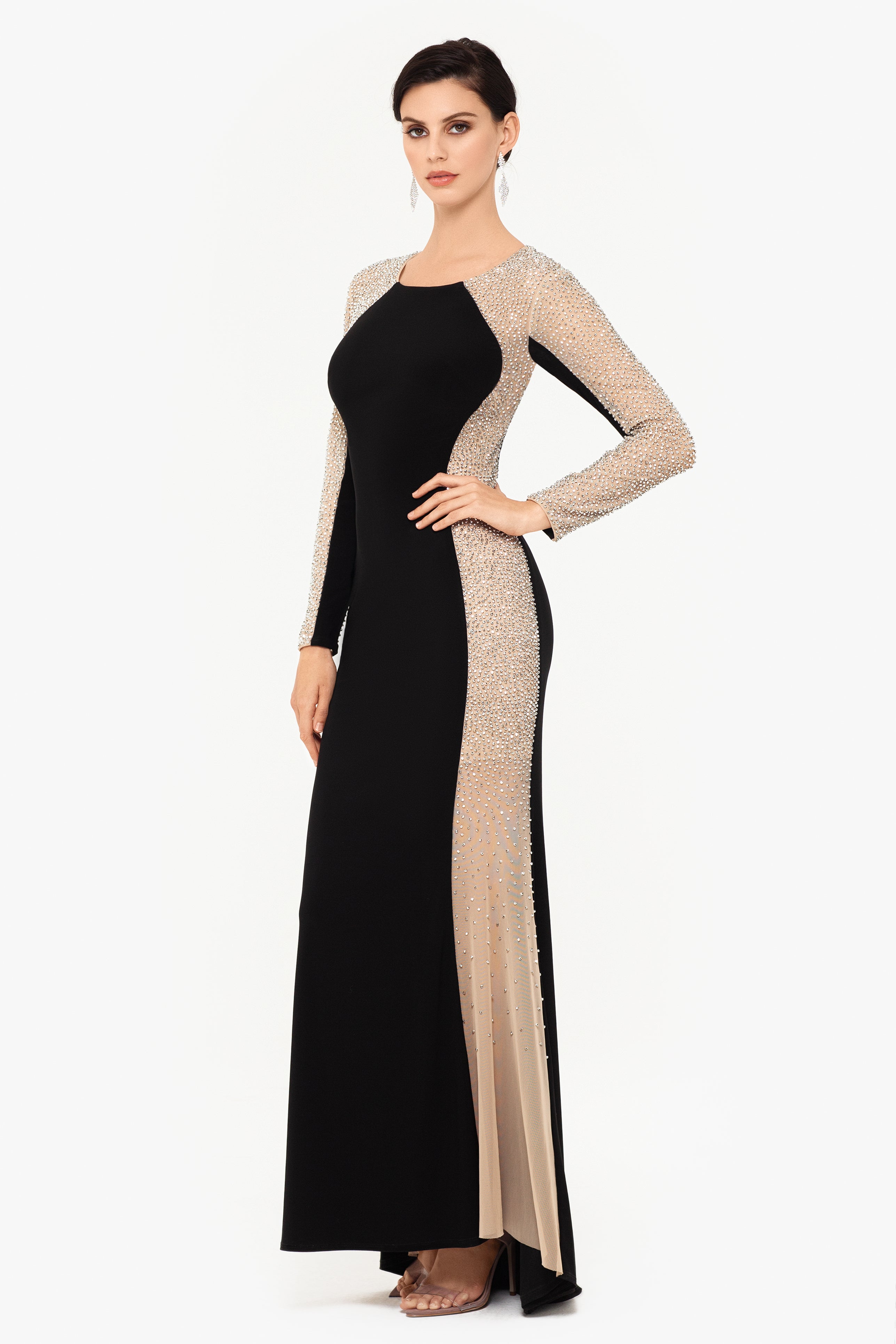 "Sarah" Long Jersey Knit with Caviar Beaded Sides Dress