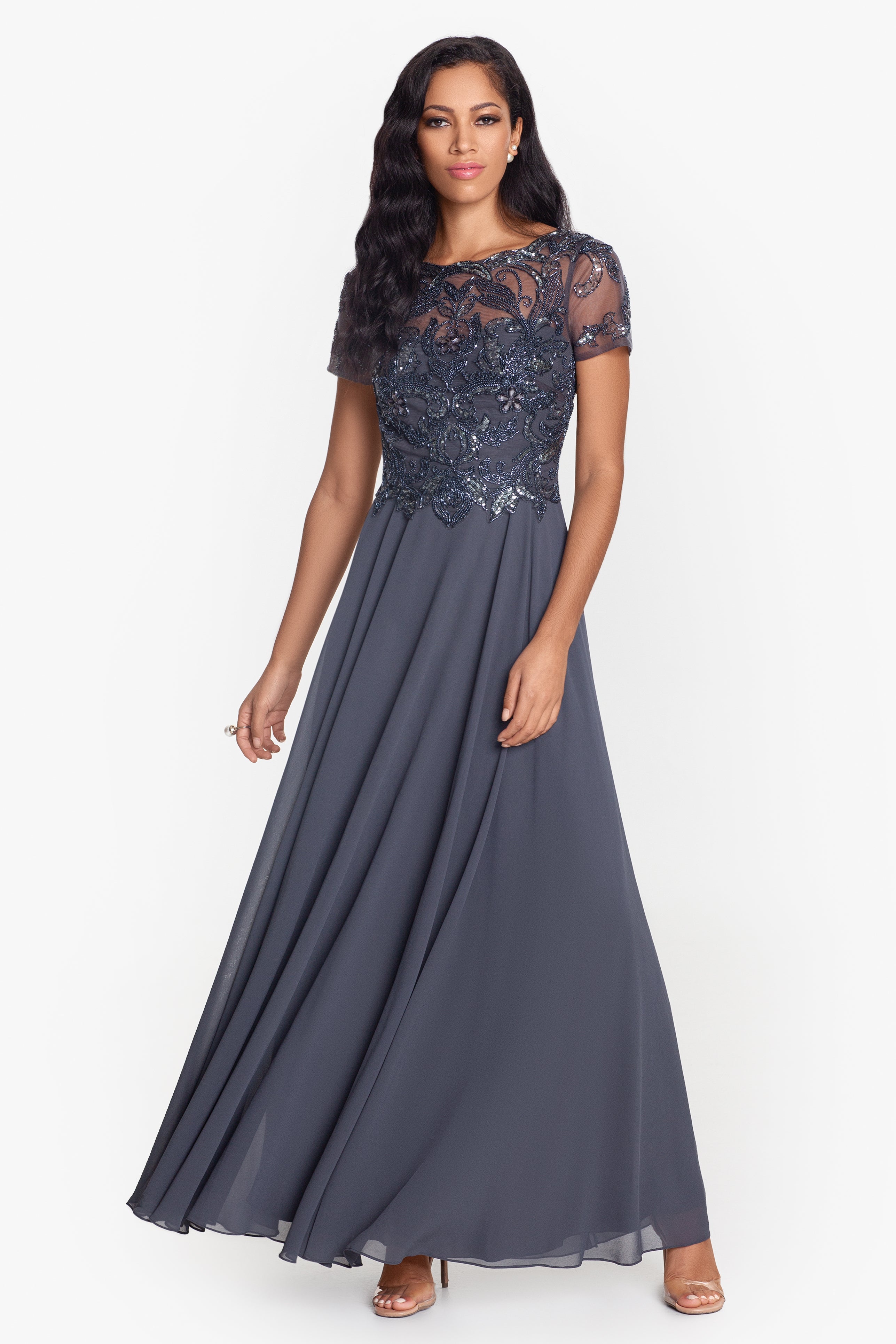 Petite "Jerri" Beaded Short Sleeve Chiffon Gown