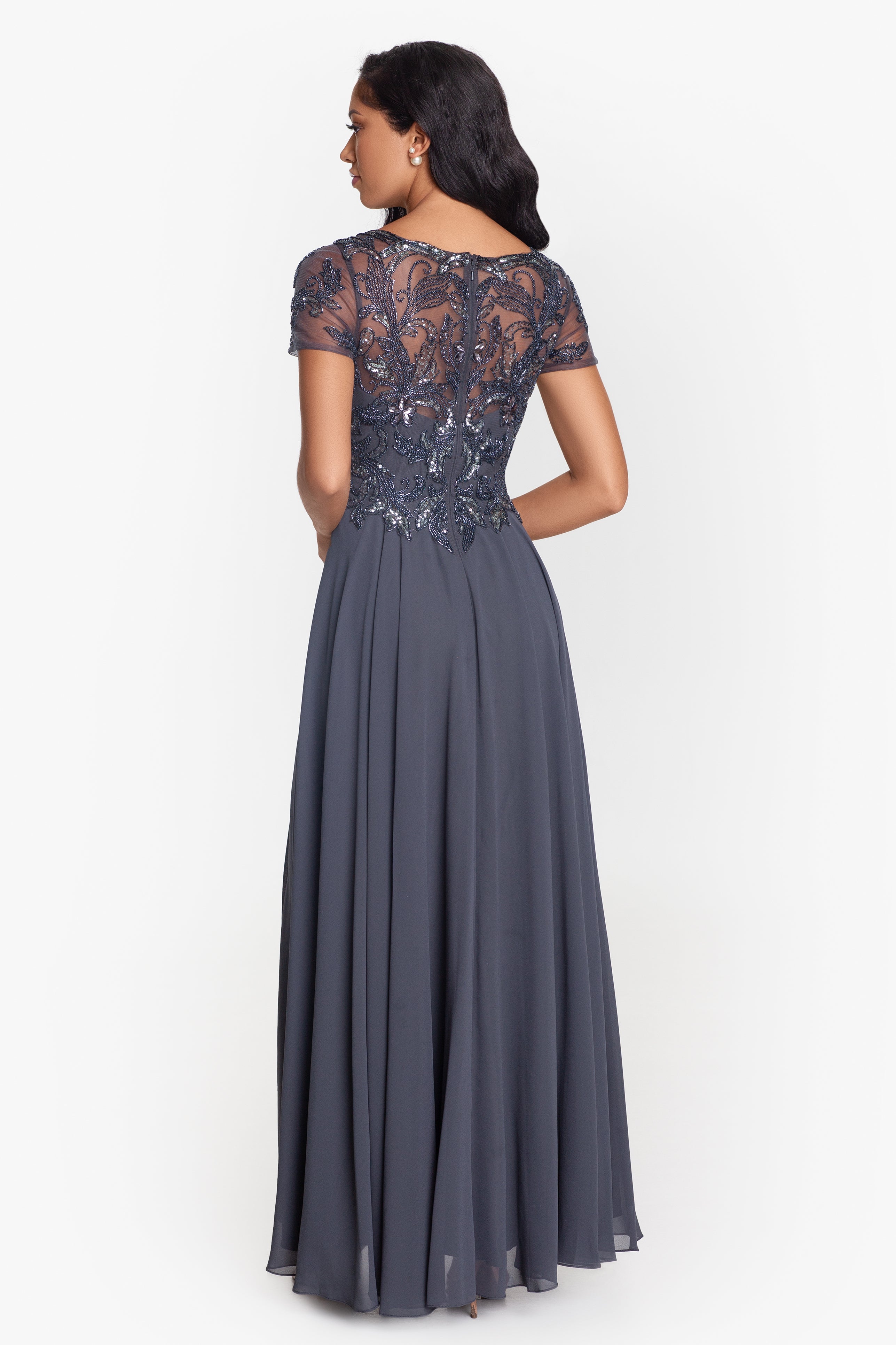 Petite "Jerri" Beaded Short Sleeve Chiffon Gown