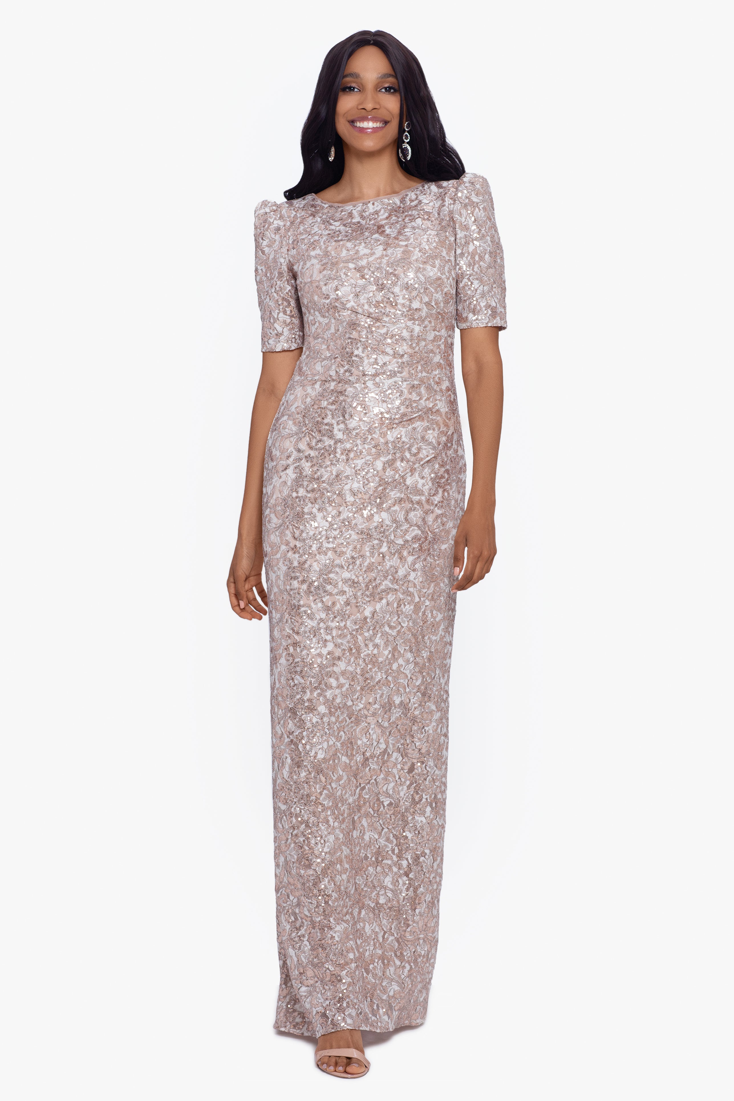 "Brielle" Long Lace Sequin Side Ruched Dress