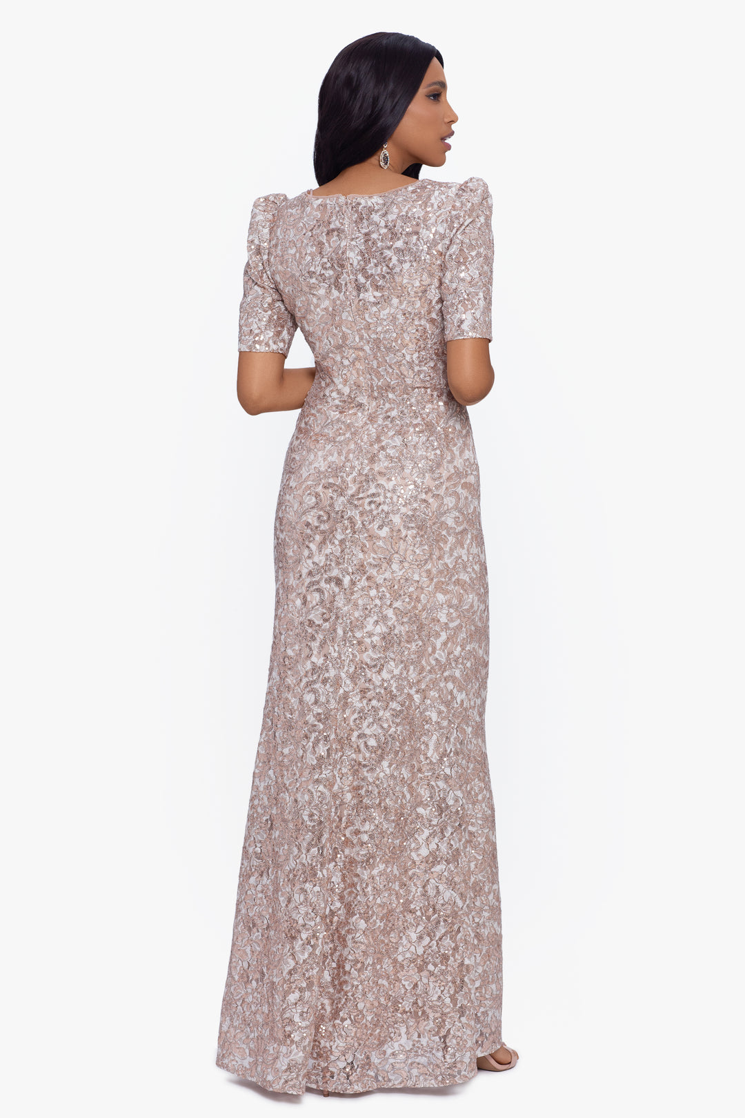 "Brielle" Long Lace Sequin Side Ruched Dress