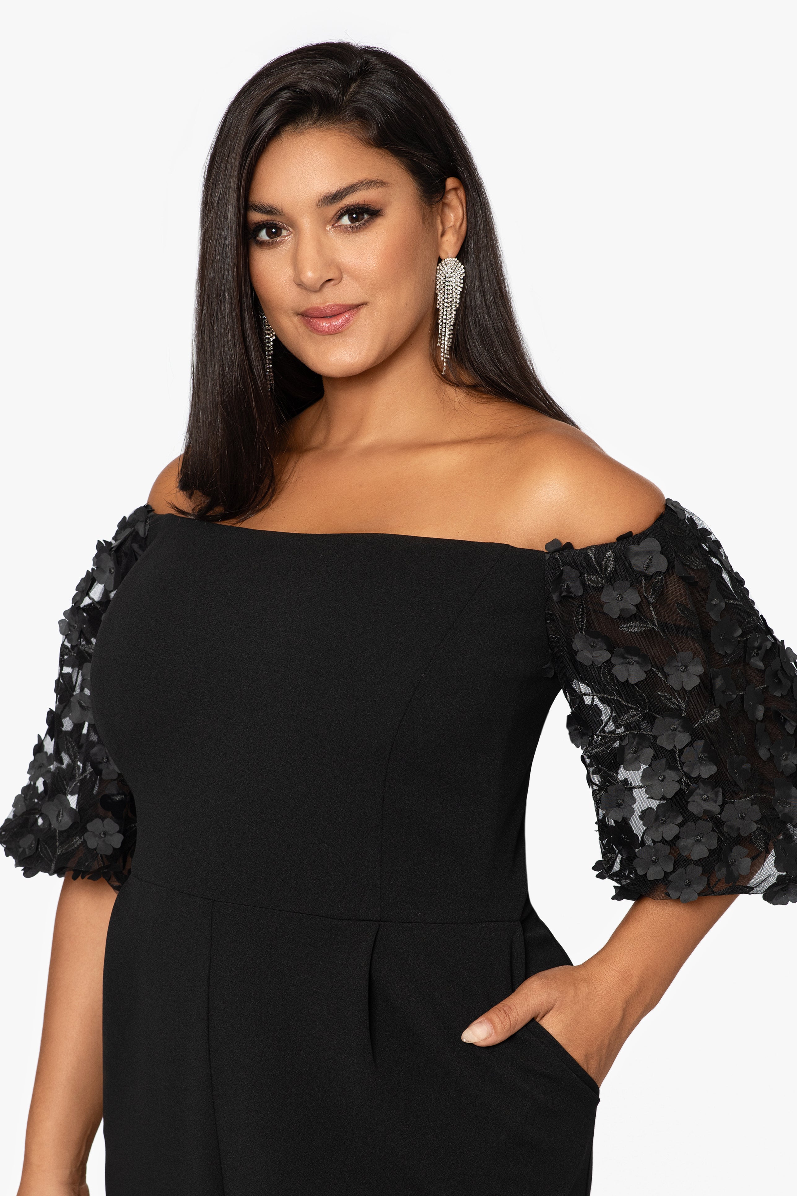 Plus "Belle" Off the Shoulder Scuba Crepe Jumpsuit