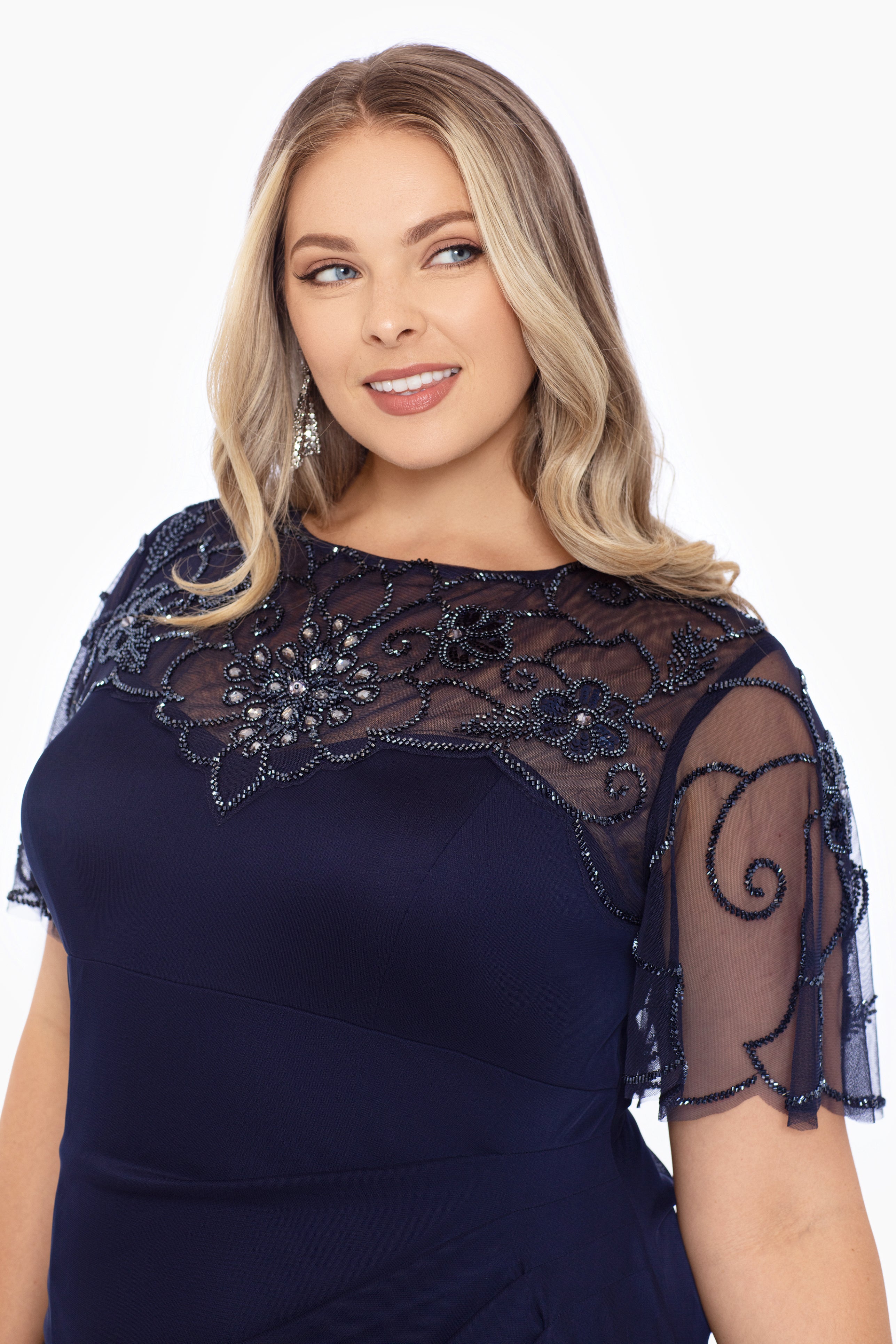 Plus "Dahlia" Long Sheer Matte Jersey Beaded Top Dress