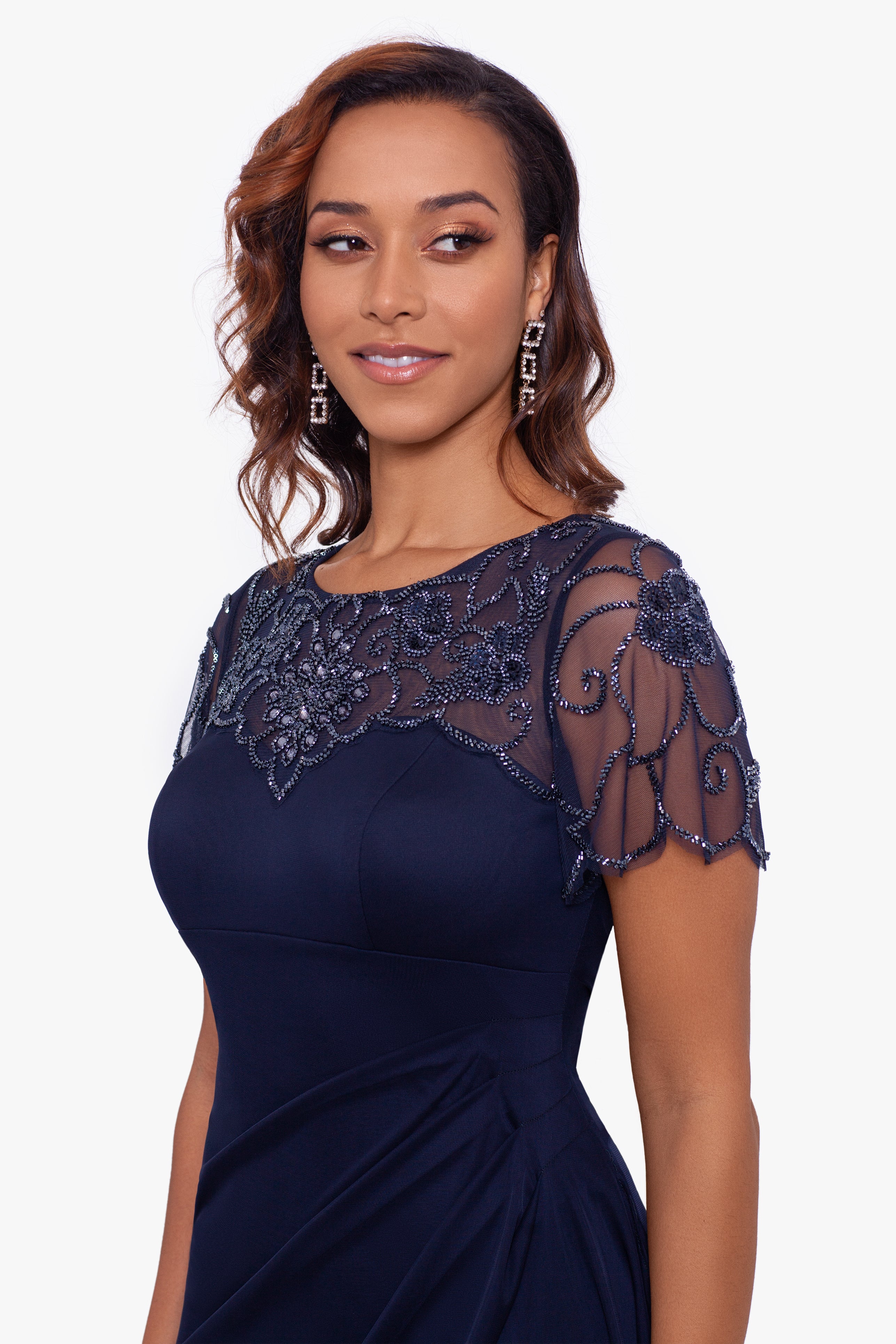 "Dahlia" Long Sheer Matte Jersey Beaded Top Dress