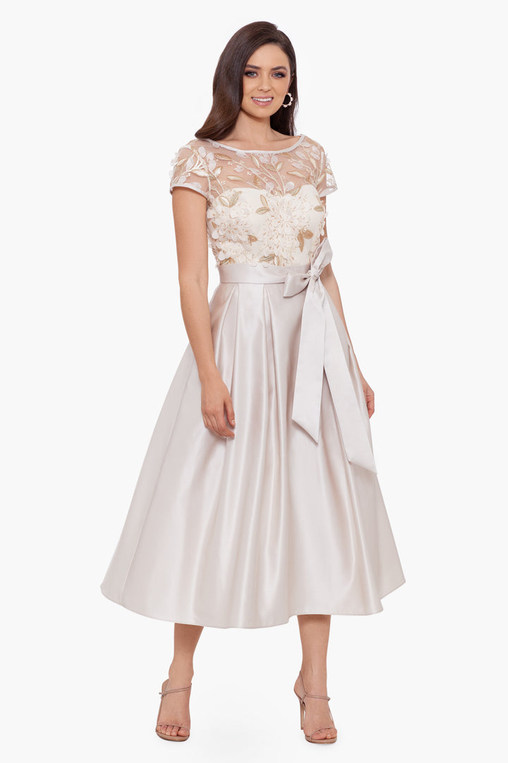 "Paige" Long Embroidery Overlay Satin Skirt Dress