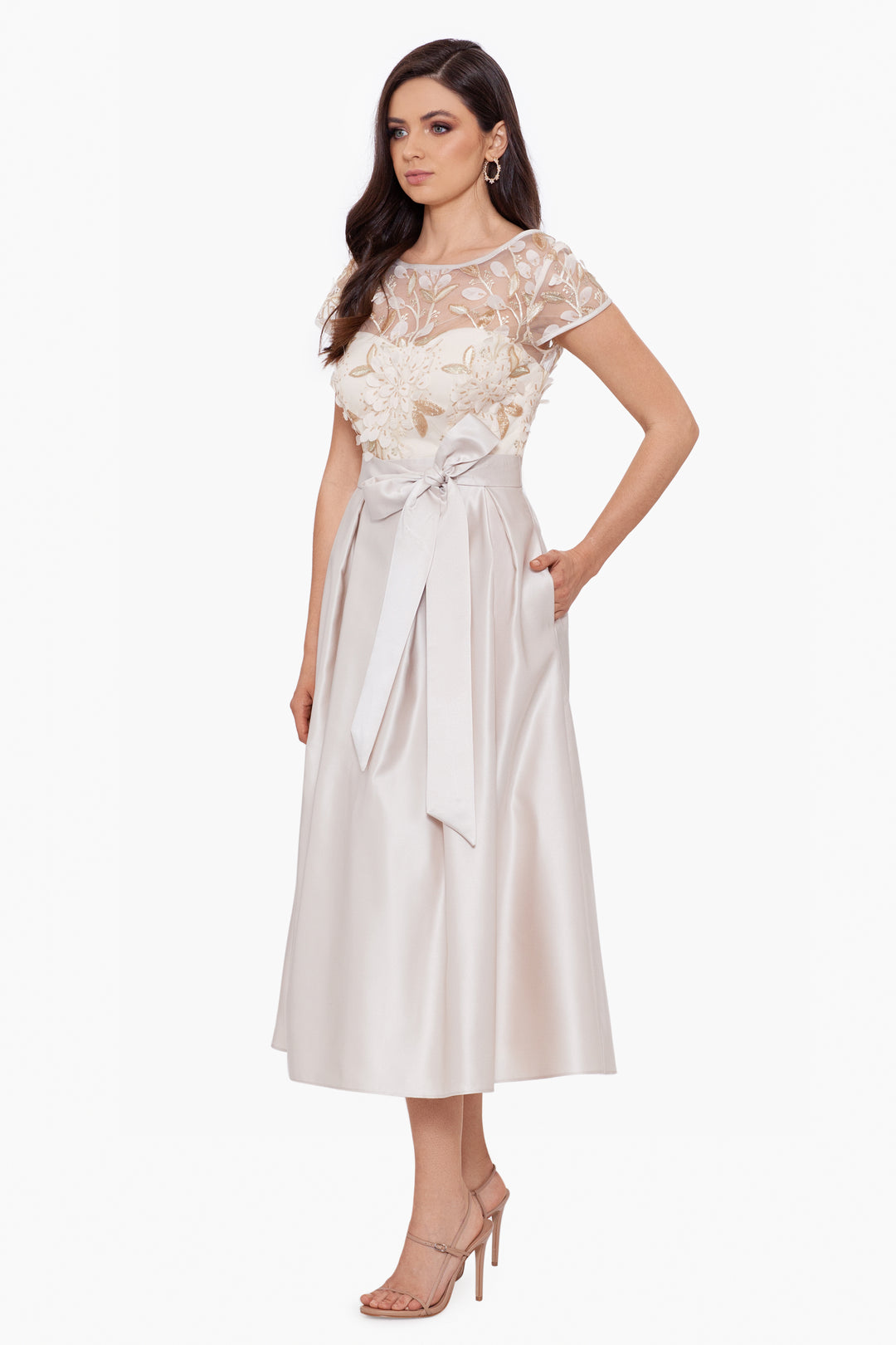 "Paige" Long Embroidery Overlay Satin Skirt Dress