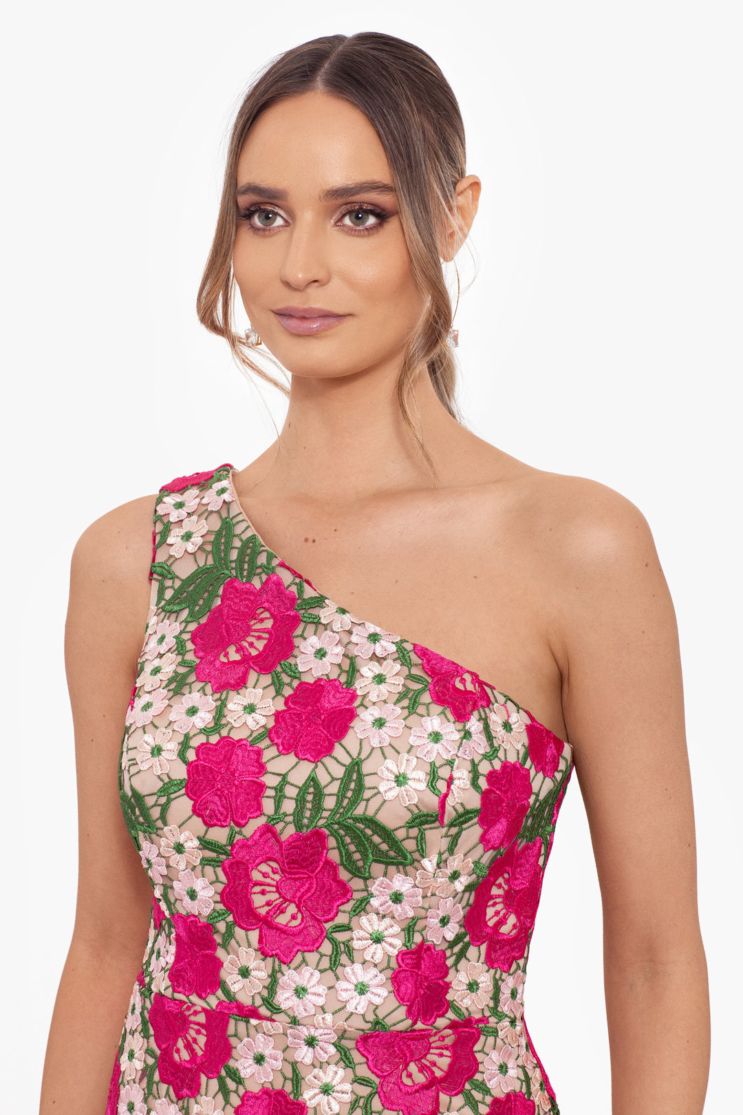 "Betty" One Shoulder Embroidery Lace Midi Dress