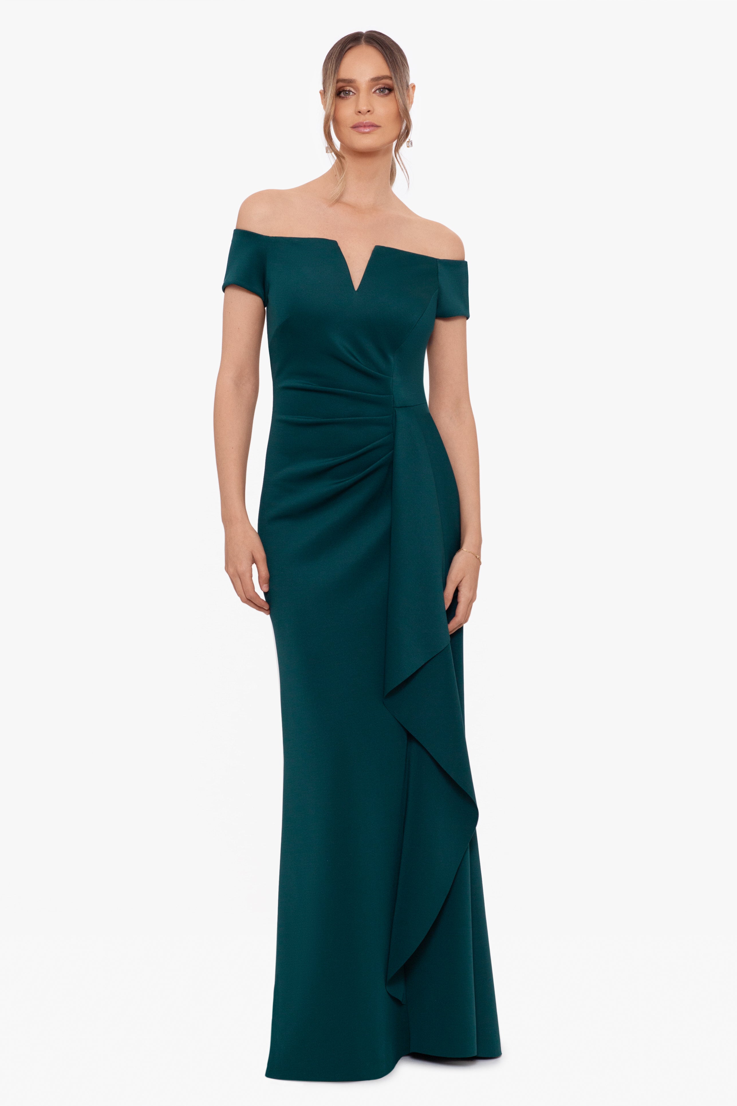 "Jenine" Long Scuba Crepe Off the Shoulder Dress