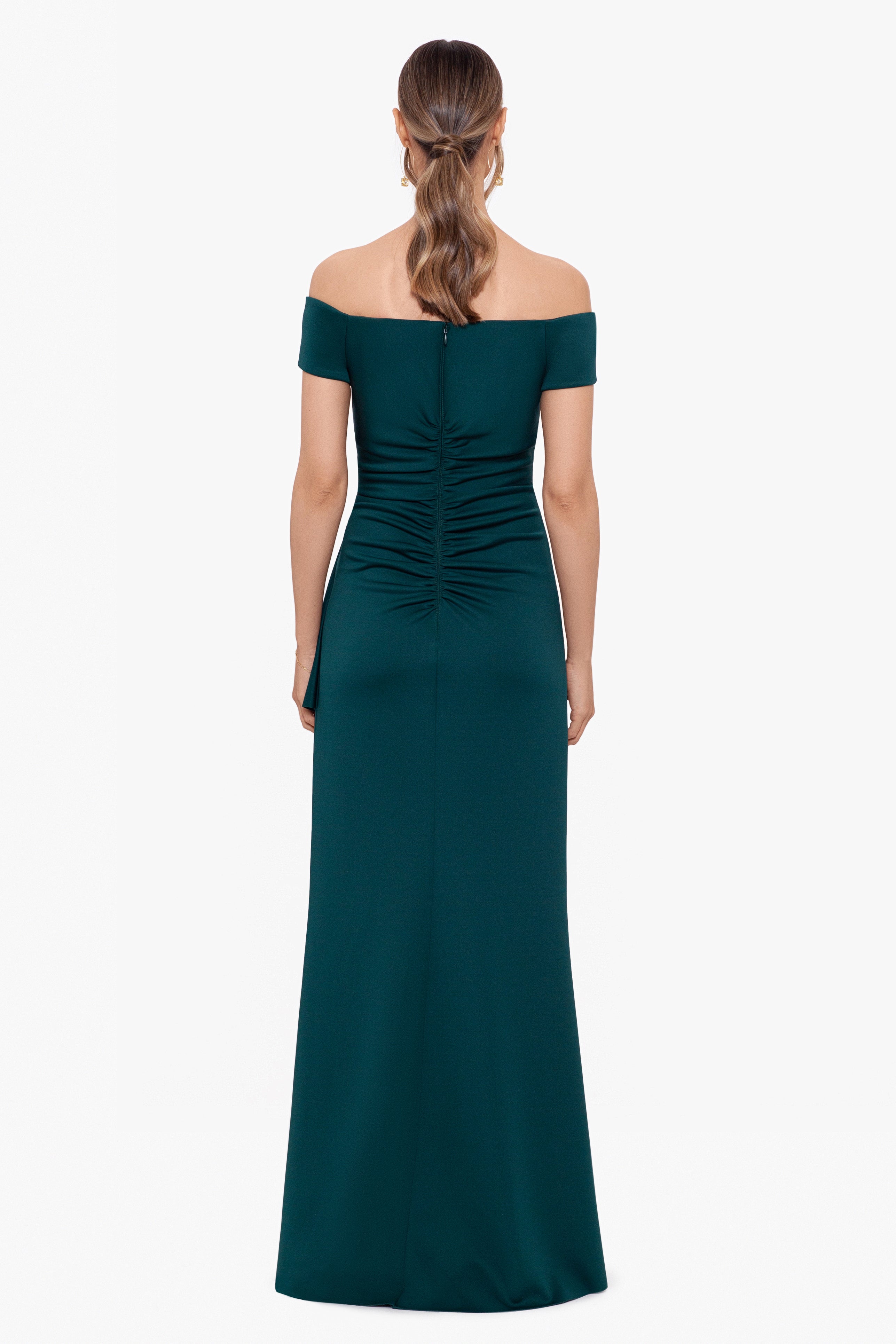 "Jenine" Long Scuba Crepe Off the Shoulder Dress