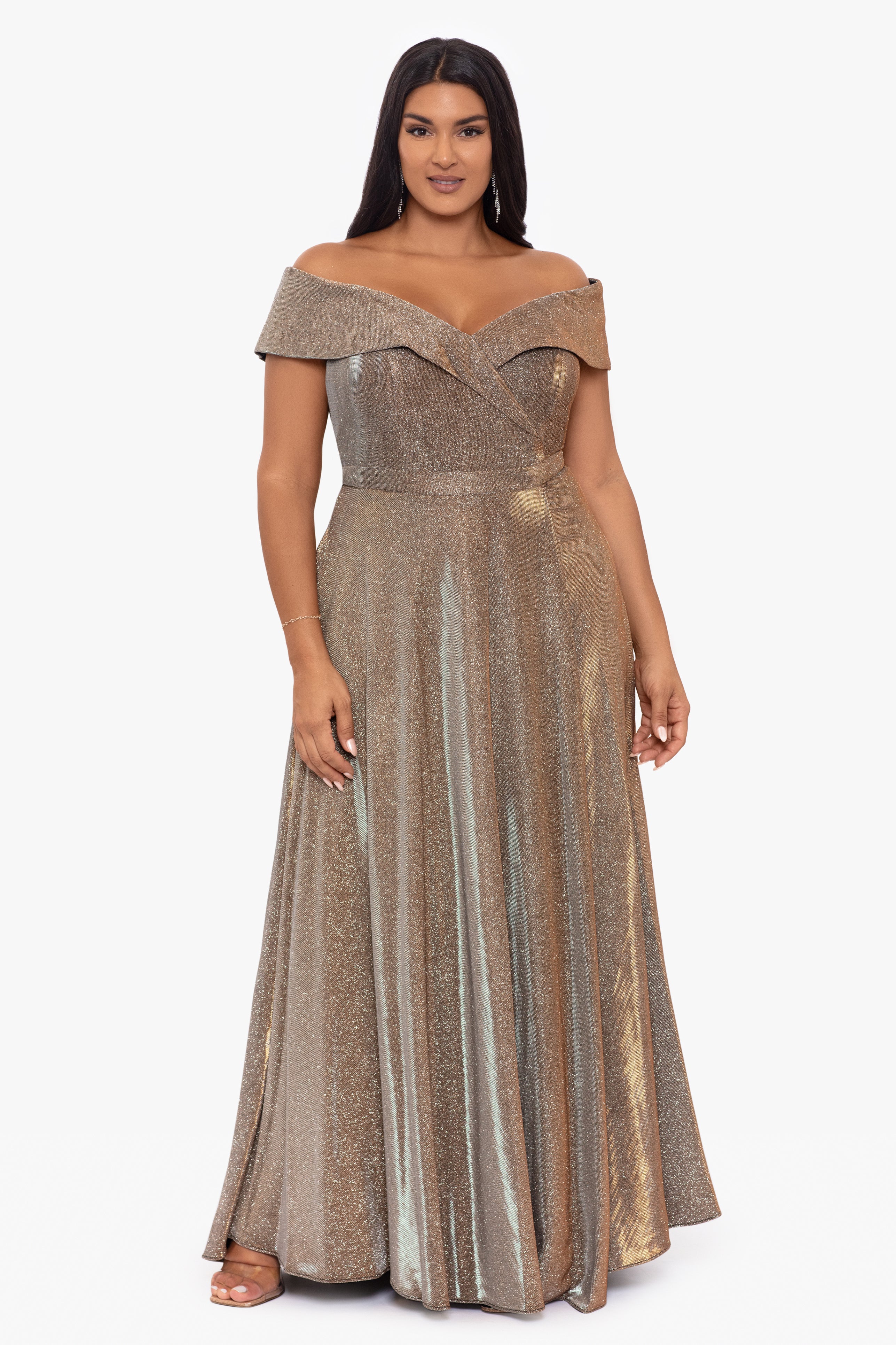 Plus "Estelle" Off The Shoulder Long Glitter Dress