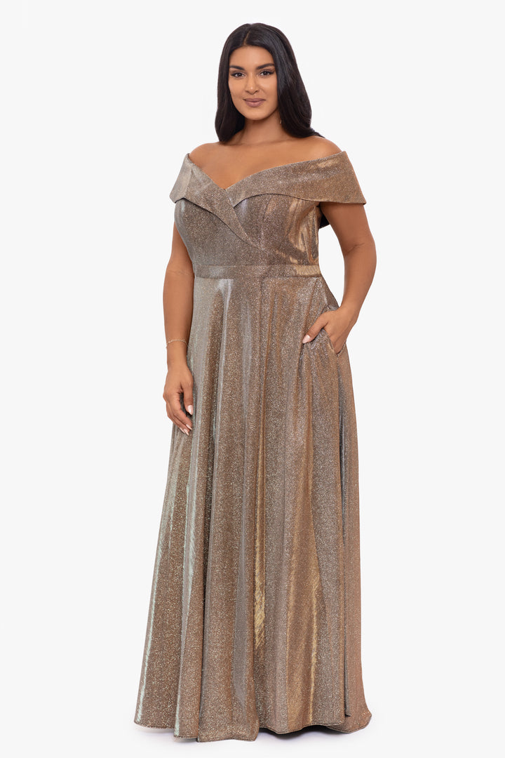 Plus "Estelle" Off The Shoulder Long Glitter Dress