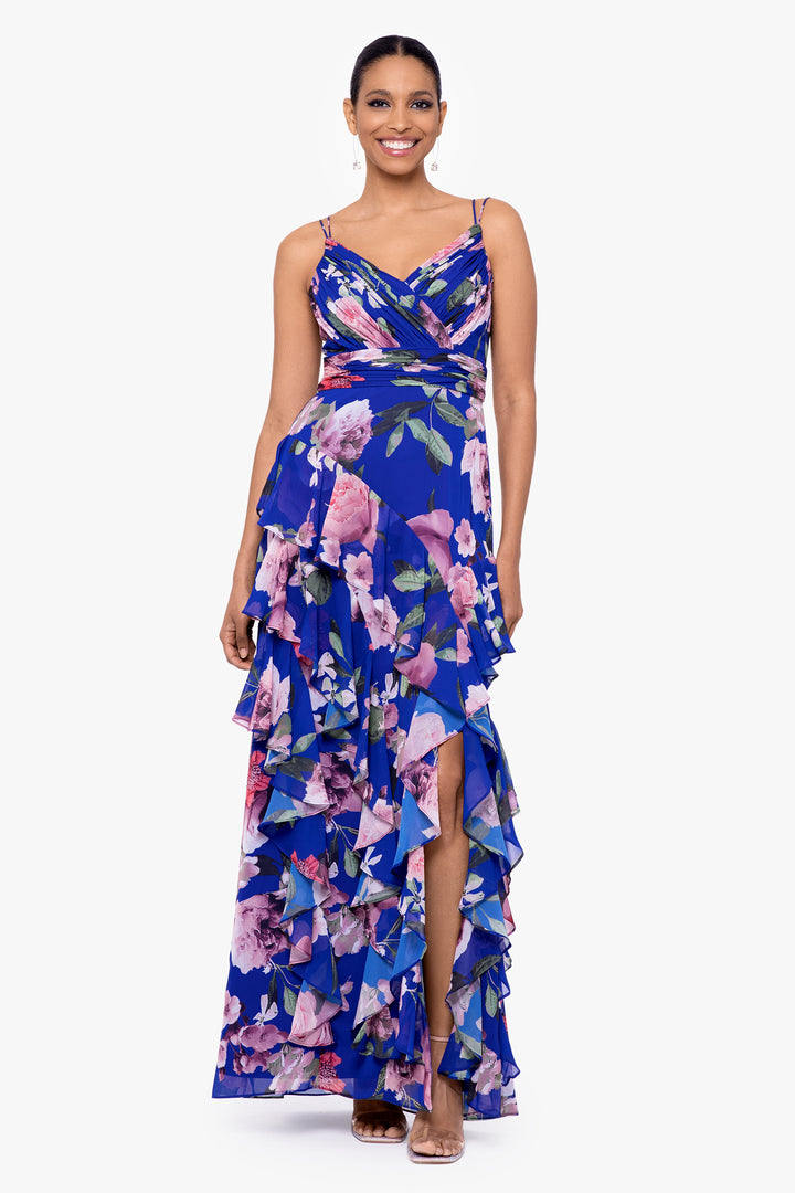 "Madelyn" Long Floral Chiffon Tiered Ruffle Dress