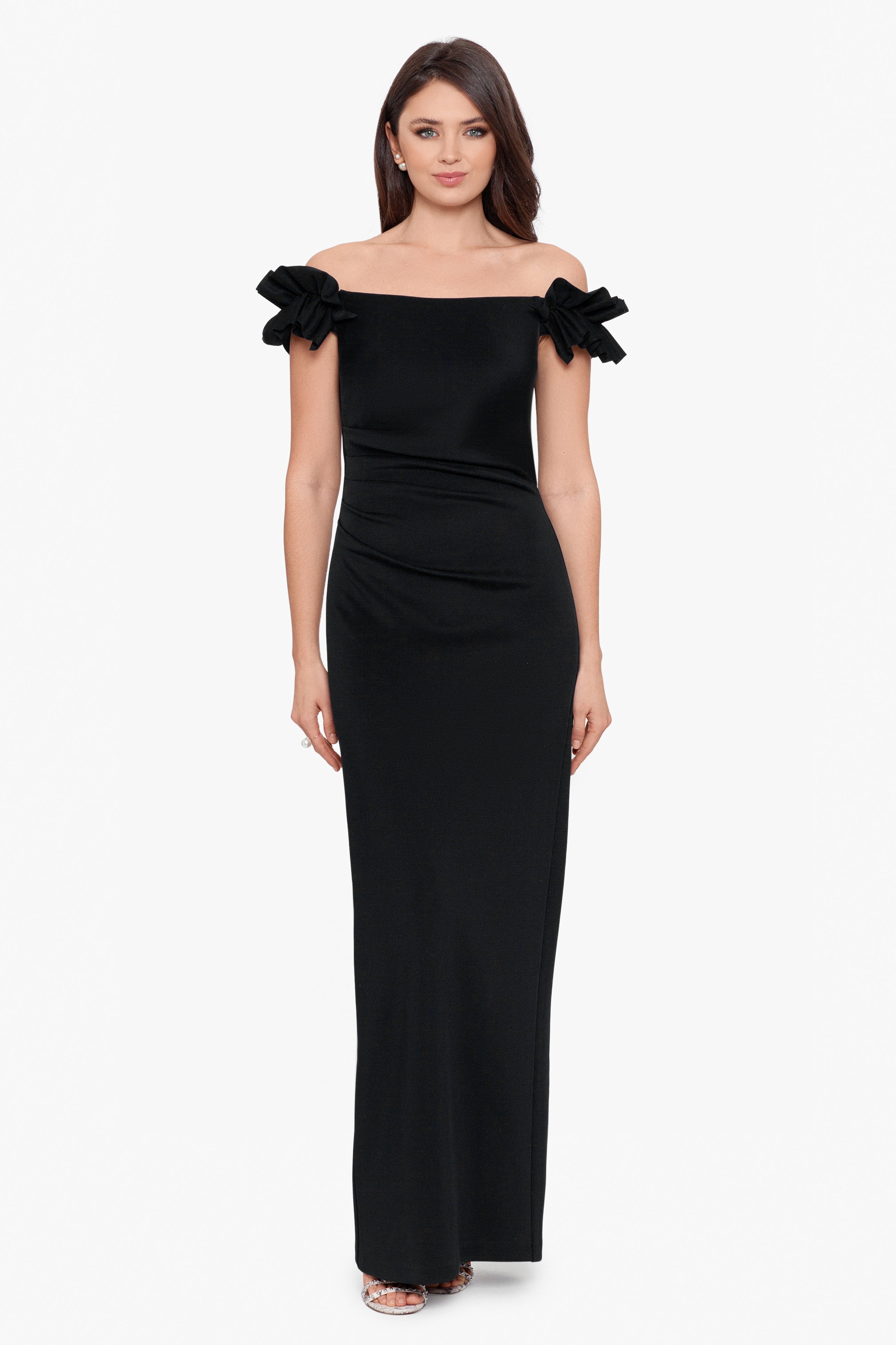 "Maggie" Long Scuba Crepe Ruched Off the Shoulder Dress