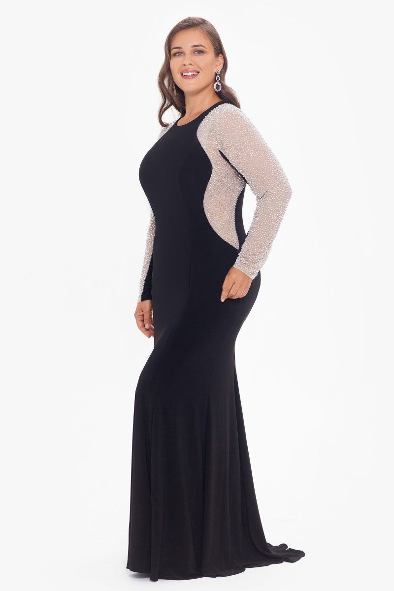 Xscape plus size hot sale embroidered illusion gown