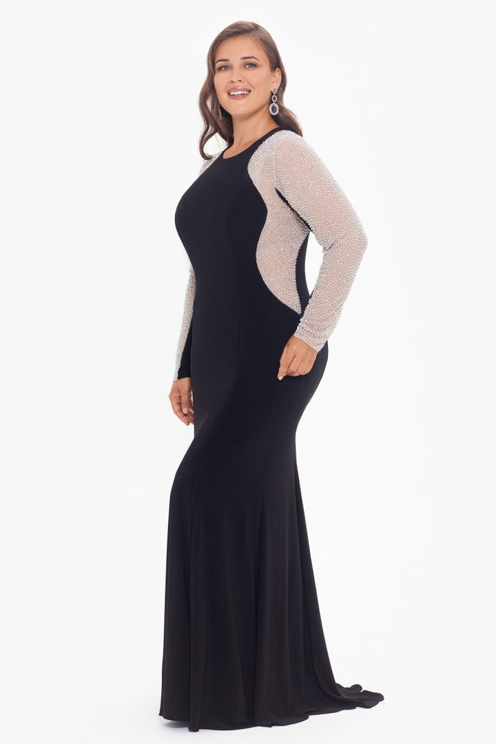 Plus "Georgia" Long Beaded Sleeve Stretch Knit Gown