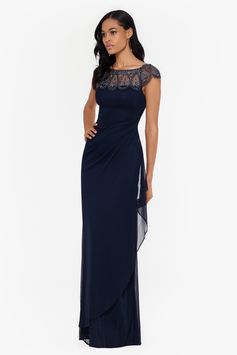 "Paisley" Jersey Knit Beaded Mesh Gown