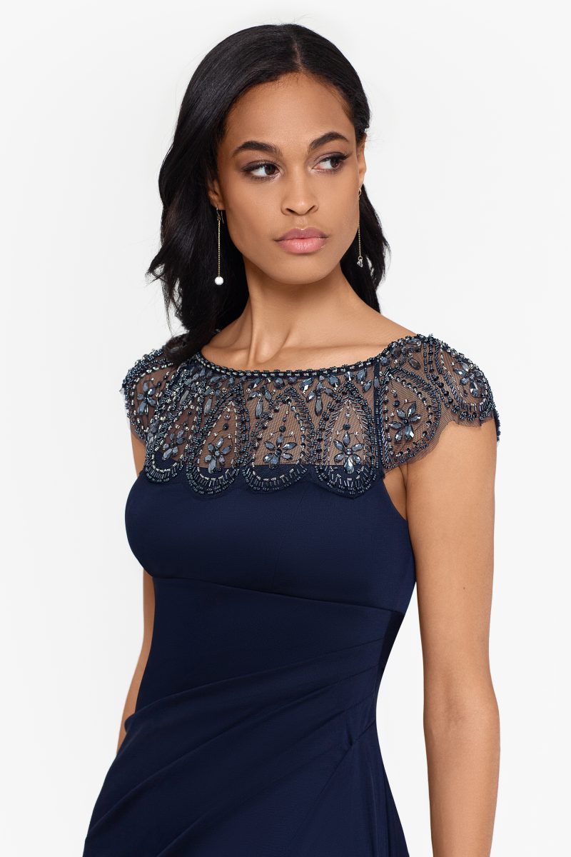 "Paisley" Jersey Knit Beaded Mesh Gown